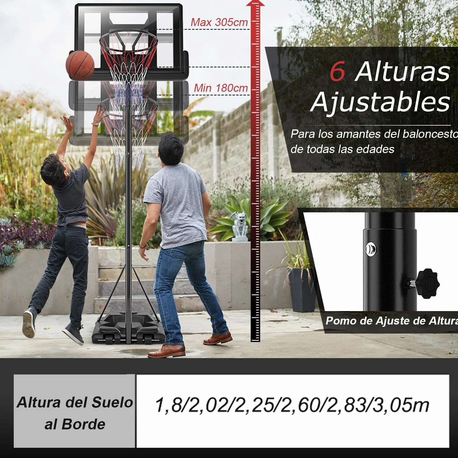 GOPLUS Canasta de Baloncesto Portátil Altura Ajustable 260-305 cm Soporte Base Rellenable