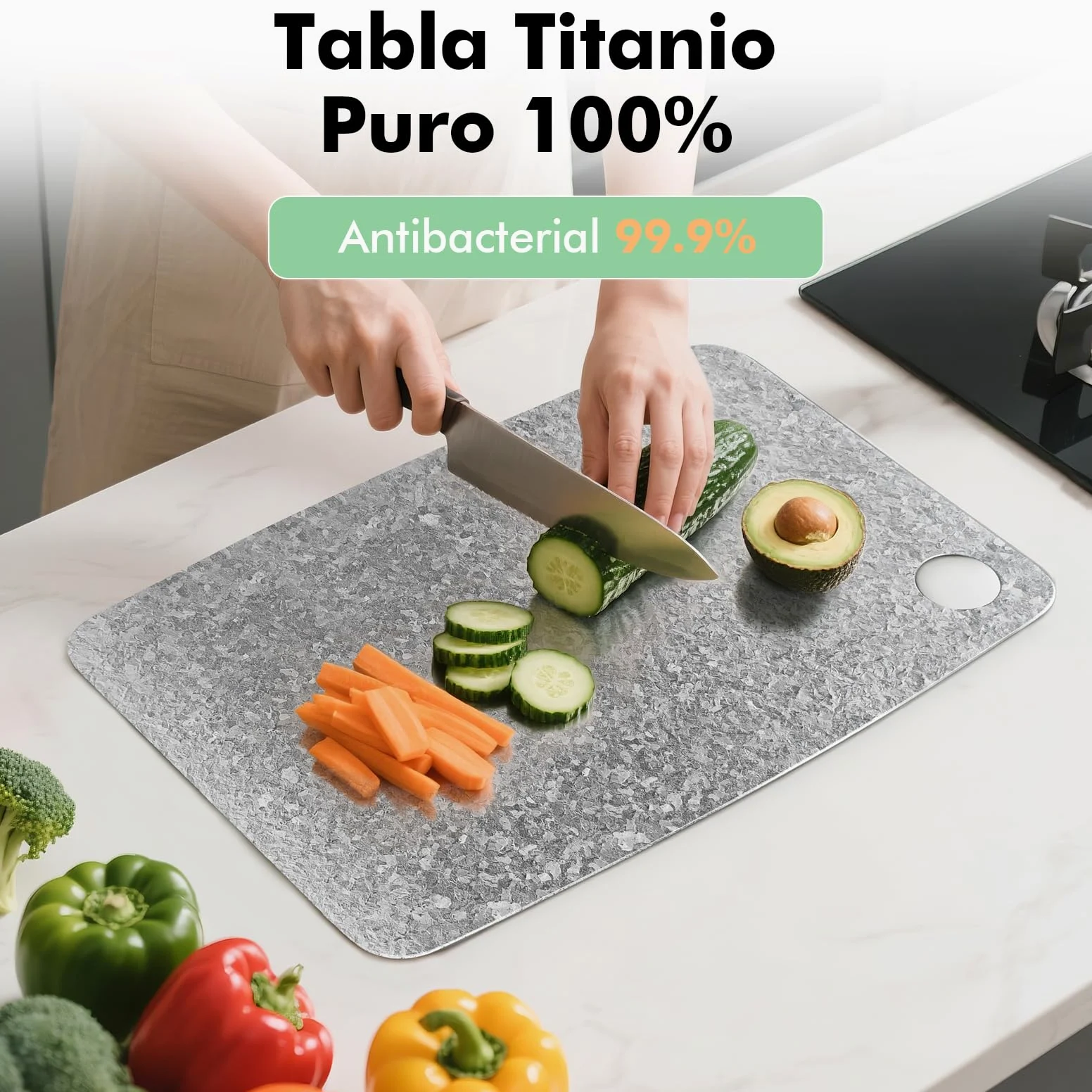 Tabla de cortar de titanio puro 100%, 40 x 28 cm | Tabla doble cara para carne y verduras, sin BPA, lavavajillas, ligera, compacta y fácil de limpiar