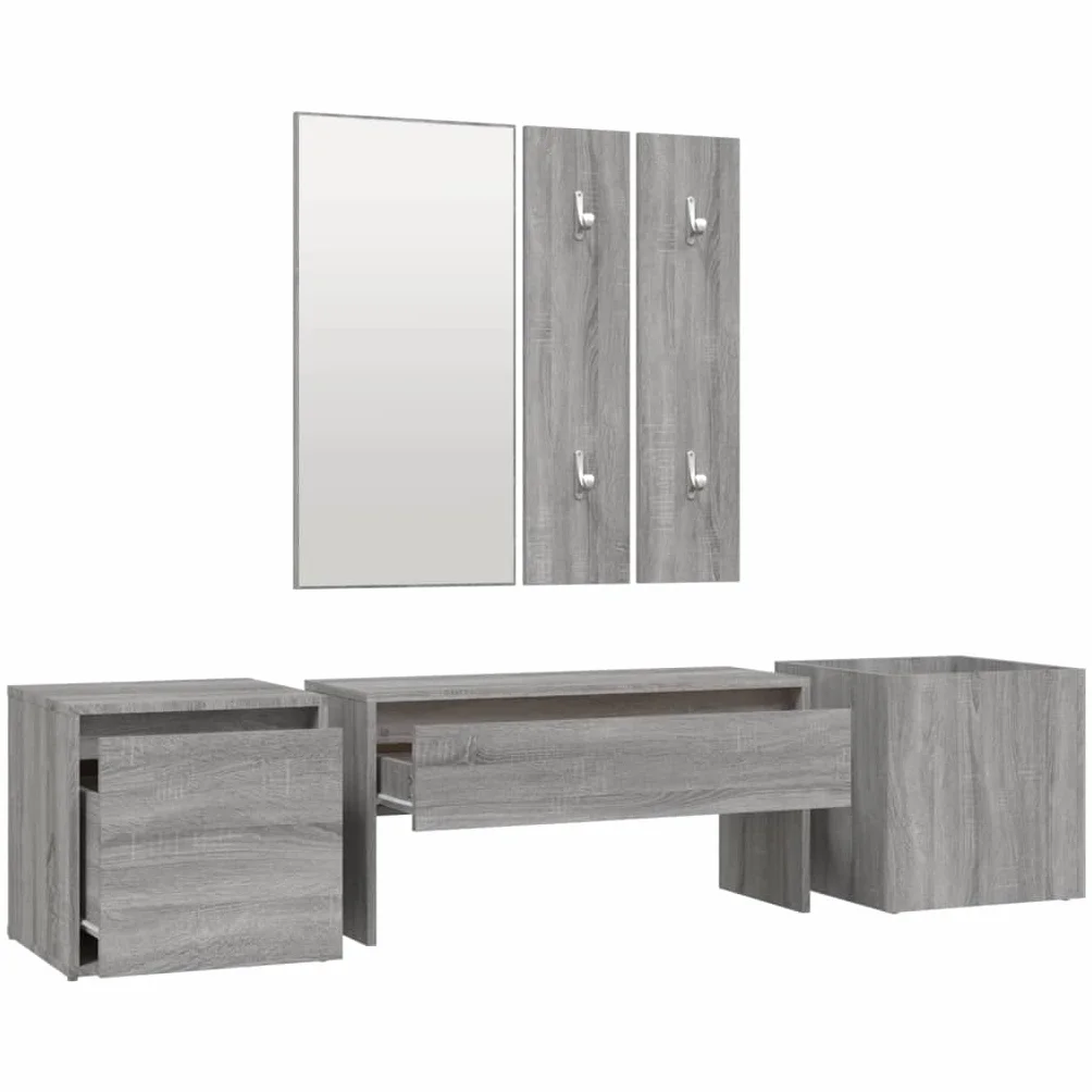 Juego de percheros Sonoma gris de madera con flurbank, espejo, caja de almacenamiento, jardinera, banco, cajón, espacio de almacenamiento para pasillo, entrada, soporta hasta 110 kg