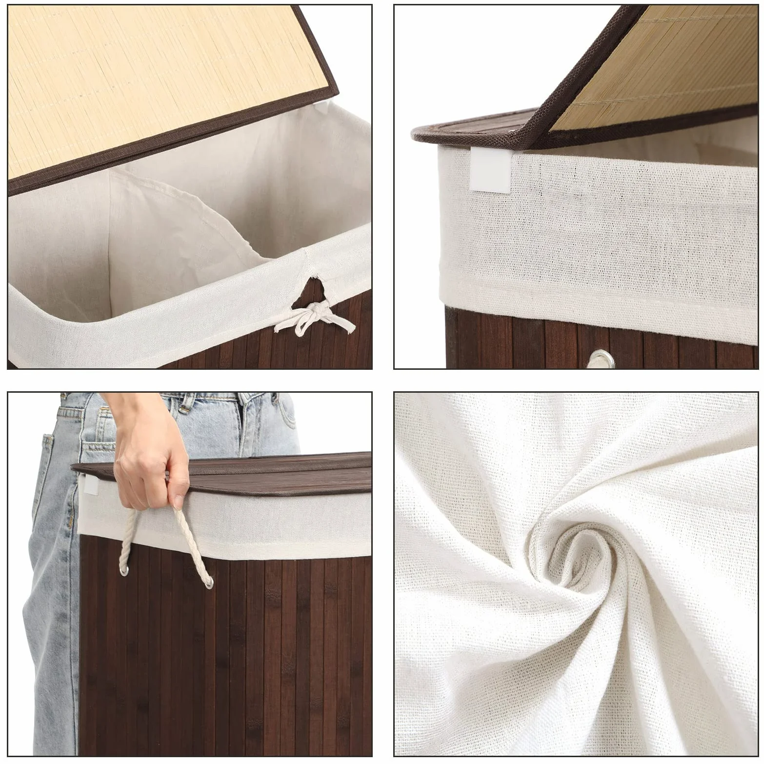 SONGMICS Cesto Ropa Sucia, 100 L, Cesta Colada 2 Clasificaciones, con Tapa, Bambú, con Asas, Plegable, Bolsa Interior Extraíble y Lavable a Máquina, para Lavandería, Dormitorio, Marrón LCB72Z
