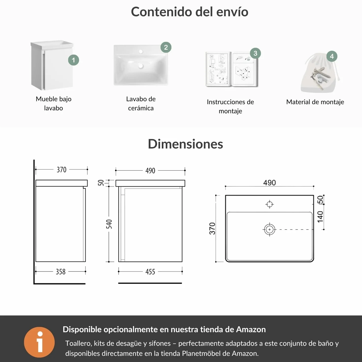 Planetmöbel Lavabo con Mueble 50 cm, Armario bajo Colgante, Cierre amortiguado, Juego de Muebles de baño, Blanco | Armario para lavabo colgante, cierre suave, juego de muebles de baño con lavabo