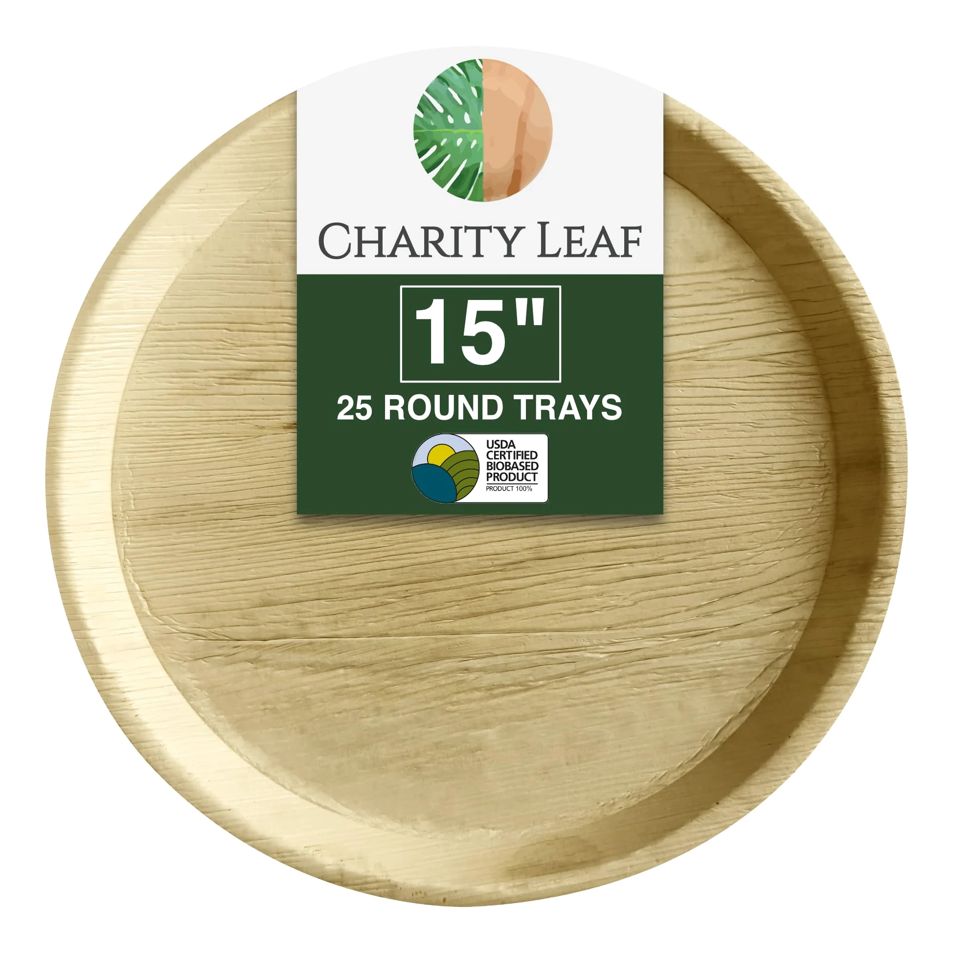 Bandejas redondas desechables de hoja de palma de 15 pulgadas (25 piezas) de bambú, tablas desechables, vajilla ecológica para bodas, catering, eventos