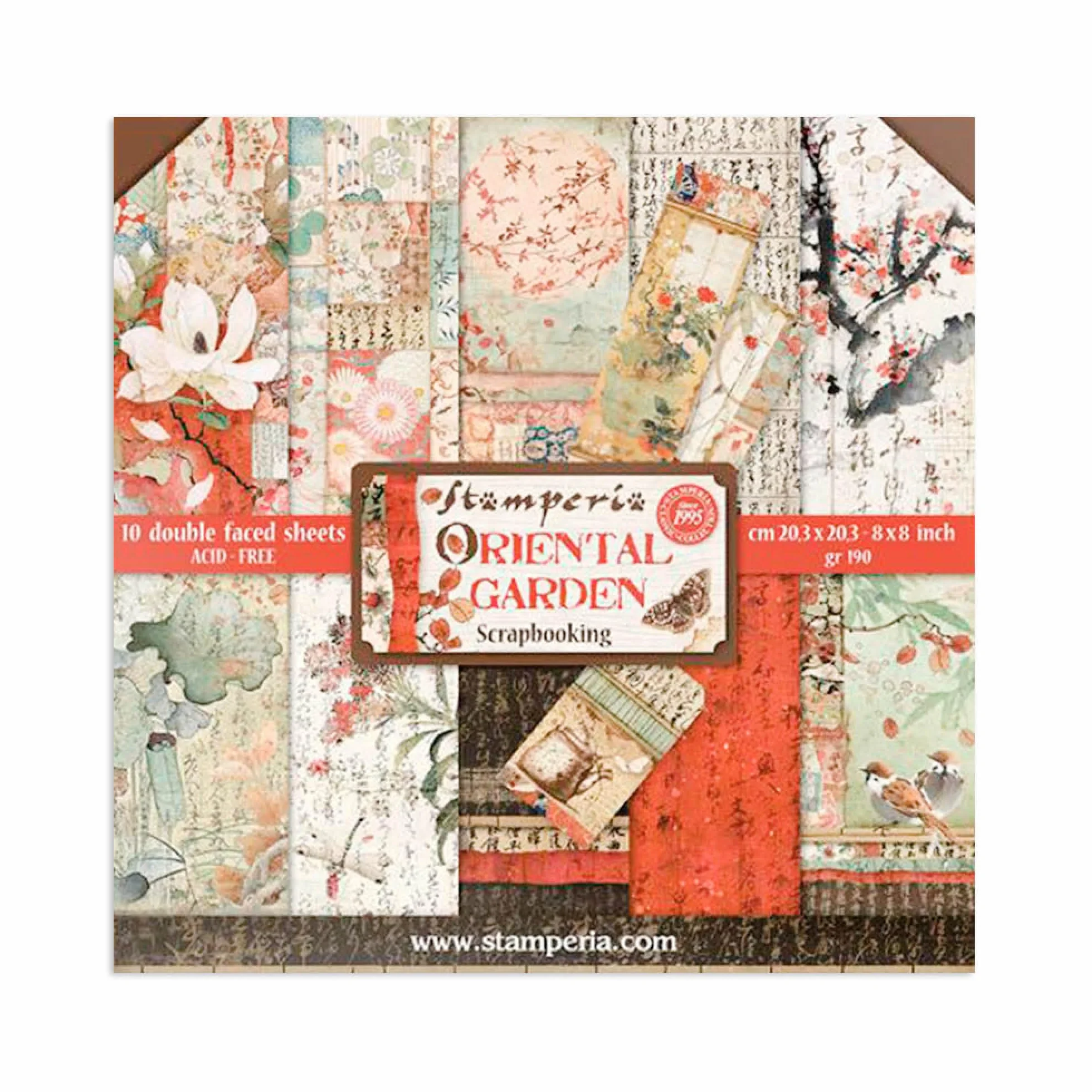 STAMPERIA SBBS09 Oriental Garden-Bloc de Papel (10 Hojas, 20,3 x 20,3 x 8 Pulgadas, Doble Cara), Multicolor, talla única