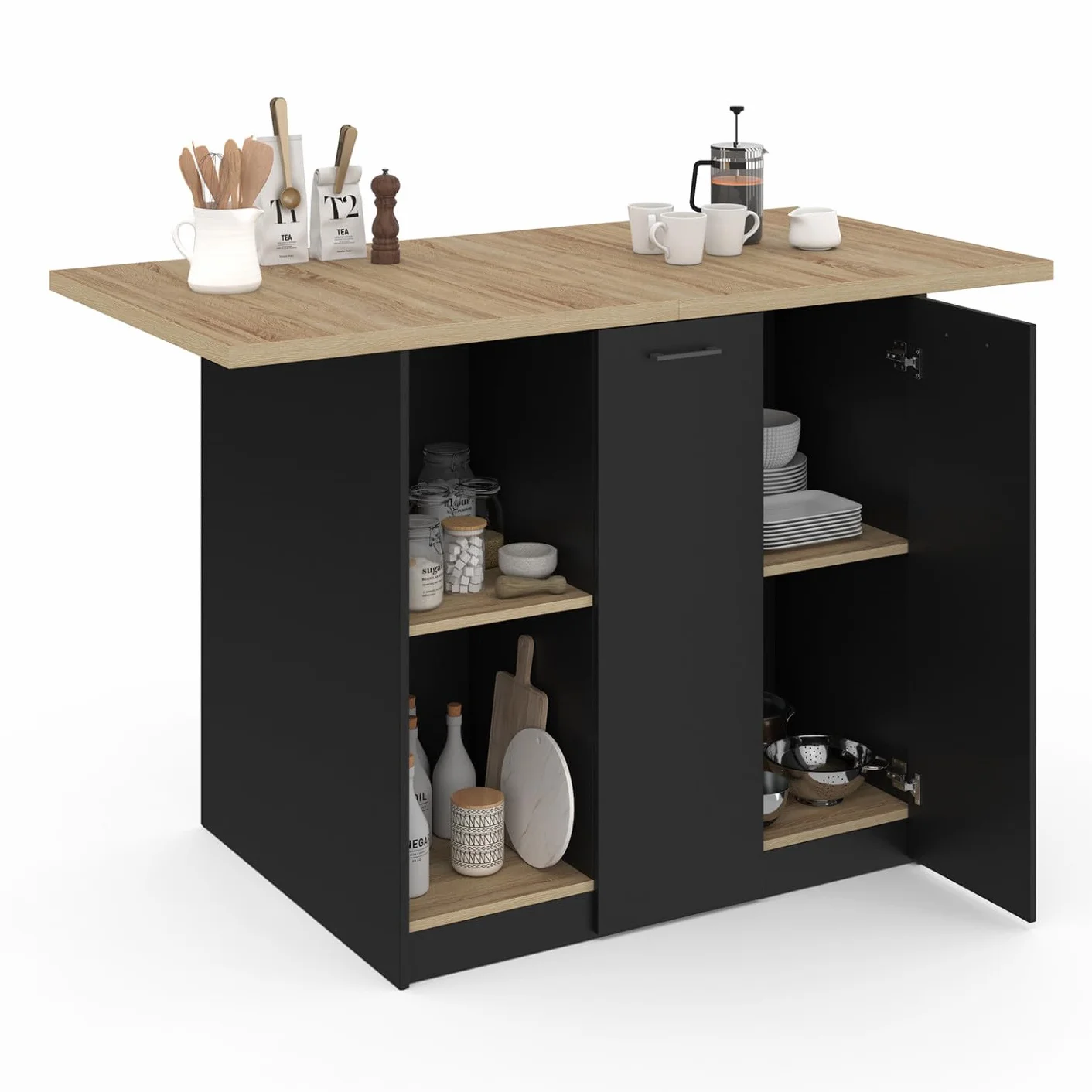 IDMarket – Ilot central BAO 140 cm 4 personas madera negra con encimera de haya