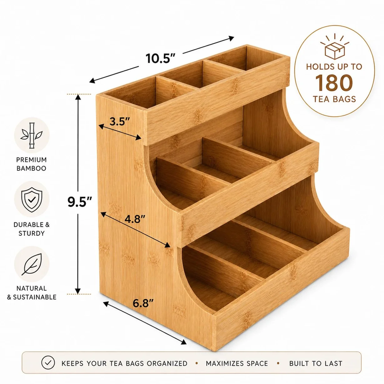Theodore Organizador Vertical para Bolsas de Té de Bambú, Sostiene 180 Bolsas de Té, Caja de Té de Madera para Almacenamiento de Té para el Hogar, la Oficina o el Café