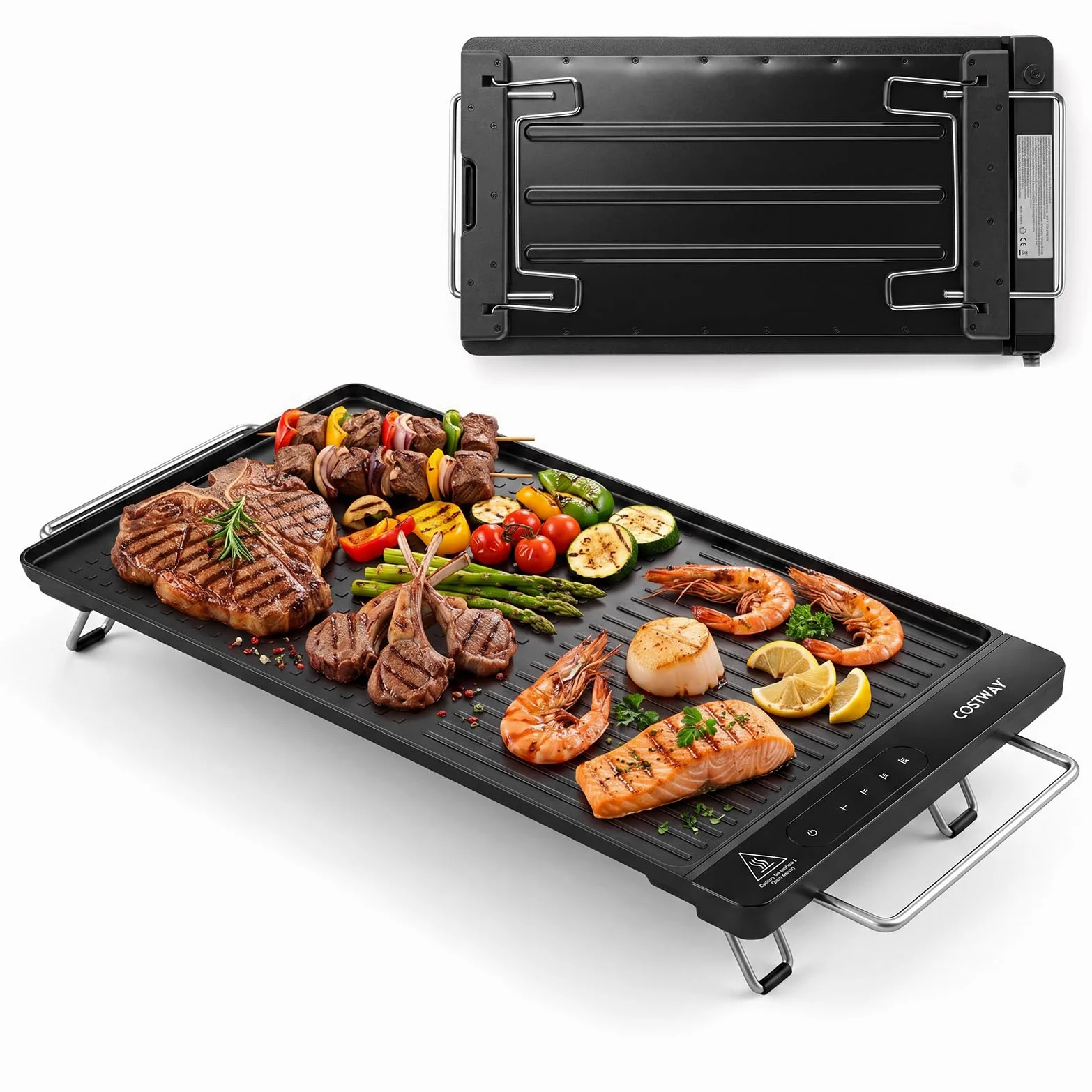 COSTWAY Plancha Eléctrica 1500 W, 60 x 28cm, Temperatura Ajustable | Parrilla Cocina con Antiadherente Extraíble, Asas Frías al Tacto y Patas Plegables, para Hogar, Picnic