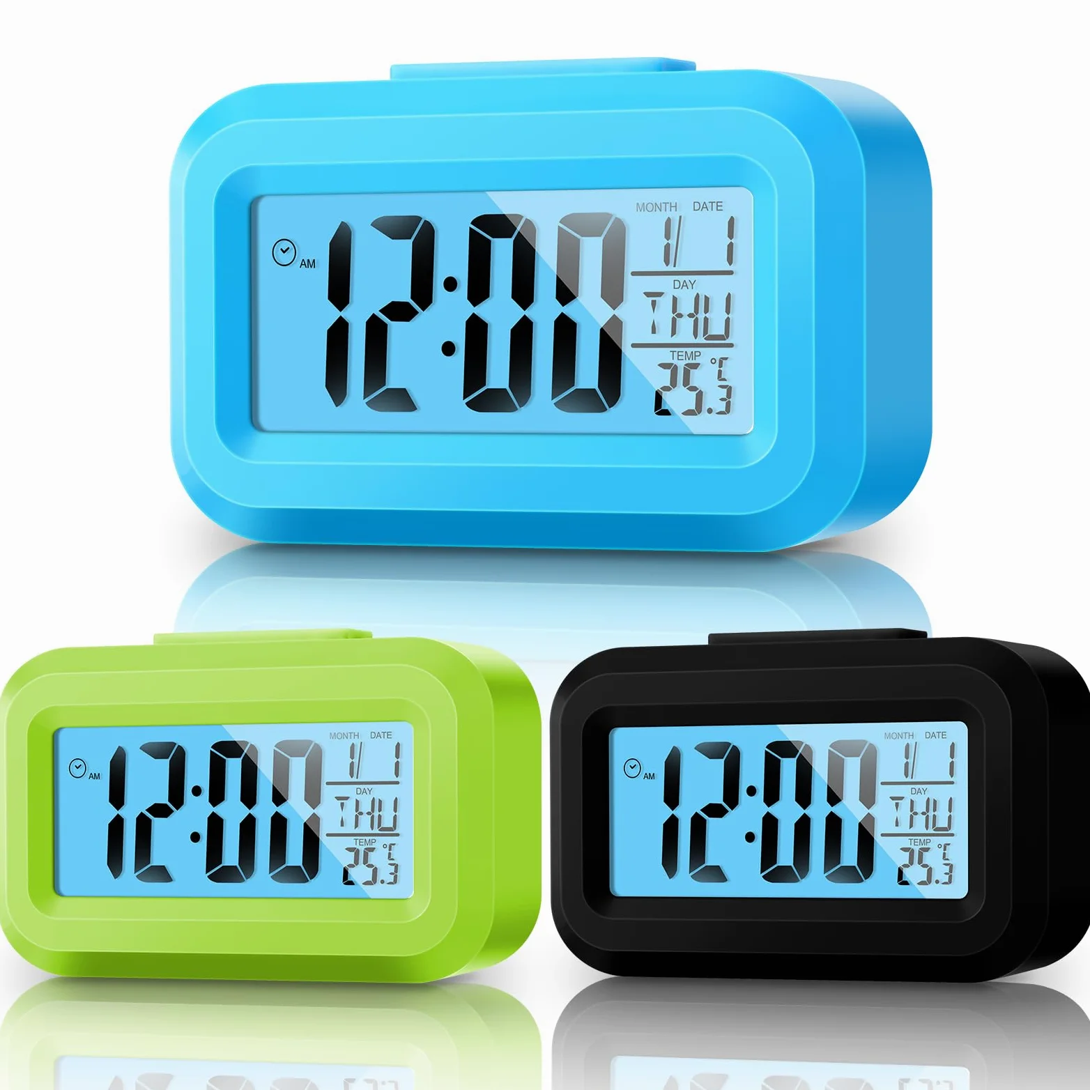 Highergo Paquete de 3 relojes despertadores digitales con pantalla LCD grande, funcionamiento simple, luz de fondo de repetición, hora, fecha, mes, reloj multifunción de temperatura para dormitorios,