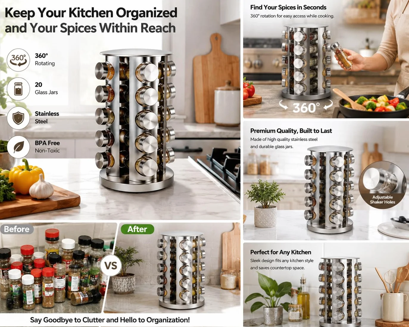 Estante giratorio para especias con 20 tarros, organizador giratorio de especias, acero inoxidable pulido con tapas negras, carrusel de especias de acero inoxidable para encimera de cocina, | Acero inoxidable pulido con tapas negras, carrusel de especias