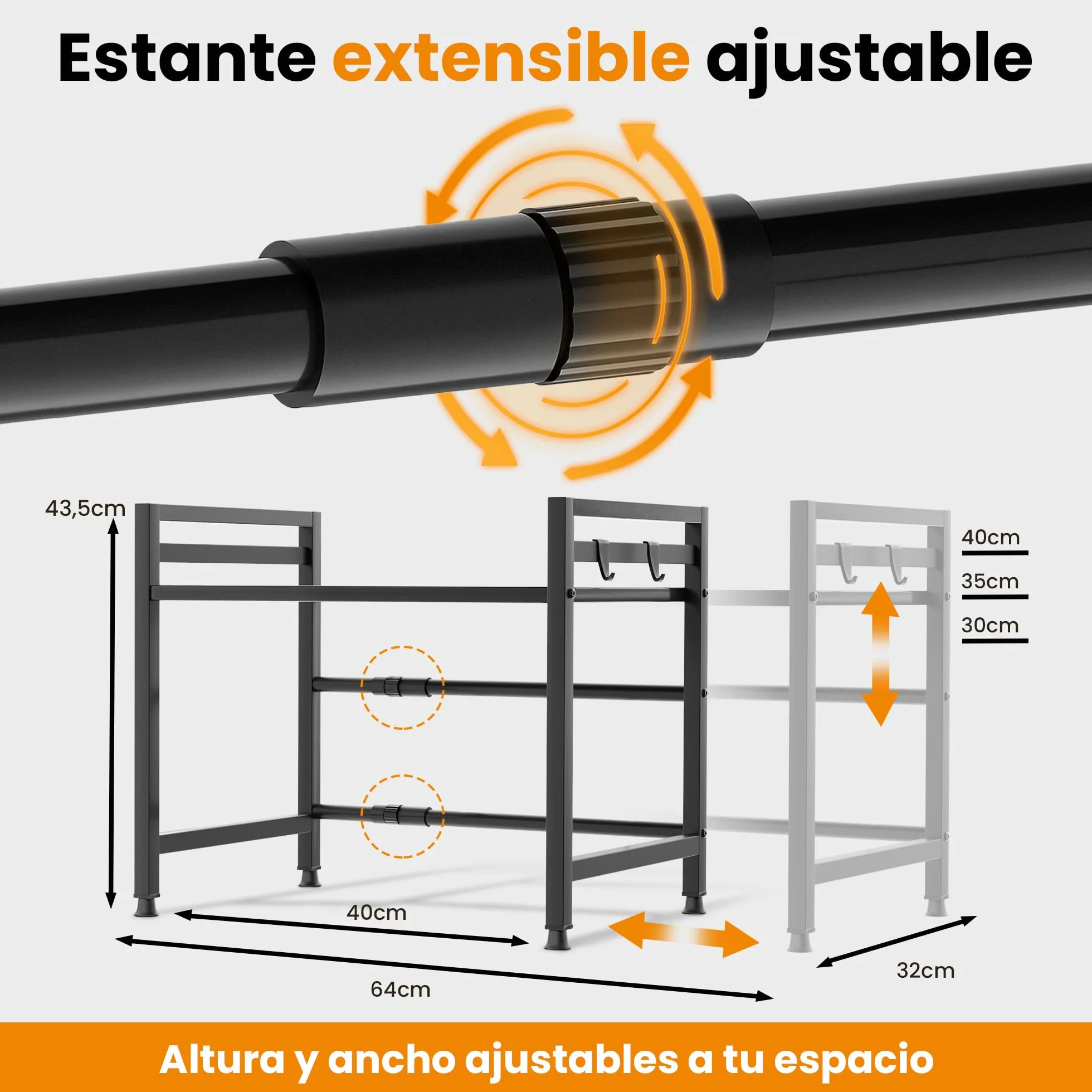 Heldenwunder Estantería Microondas Estantes Cocina Acero (2 Niveles) | Mueble Microondas Horno Estanterias Almacenaje Organizador Estante Panadería Ajustable + Instrucciones en Vídeo, Ganchos – Negro