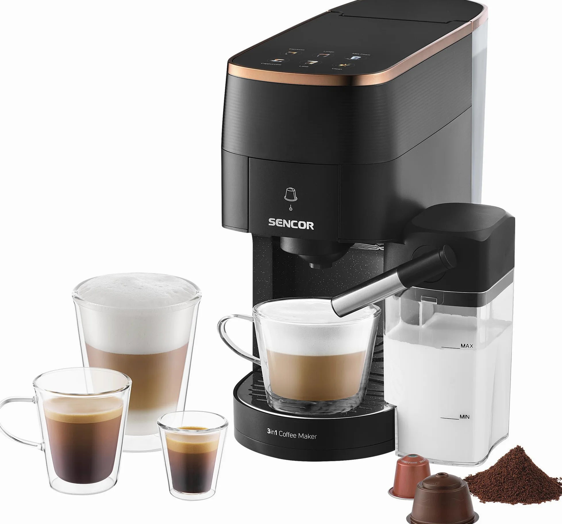 SENCOR Cafetera Multicápsulas 3 en 1, Compatible con Nespresso y Dolce Gusto, 19 Bares, 1450W, Pantalla LED, Negro