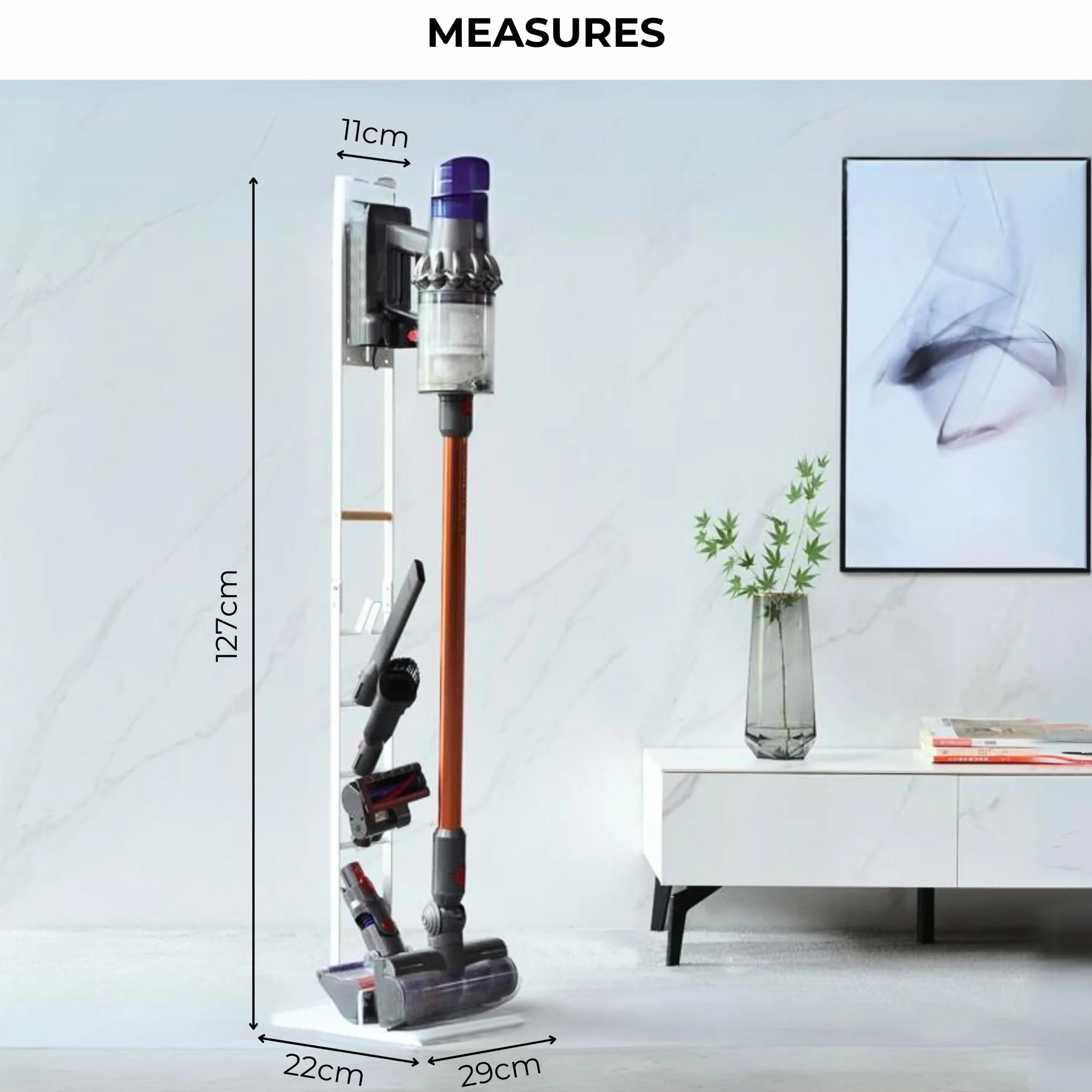 MORANGO Soporte de Aspiradora Compatible con Dyson V15 V12 V11 V10 V8 V7 V6 - DC58/ DC59/ DC62/ DC74 - Organizador de Almacenamiento de Suelo Sin perforar la Pared.