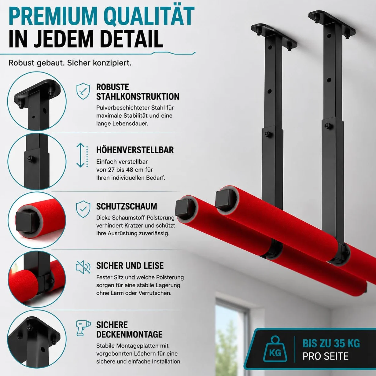QLS Soporte de techo de acero 2 x 80 cm ajustable 27-48 cm 35 kg por lado para kayak