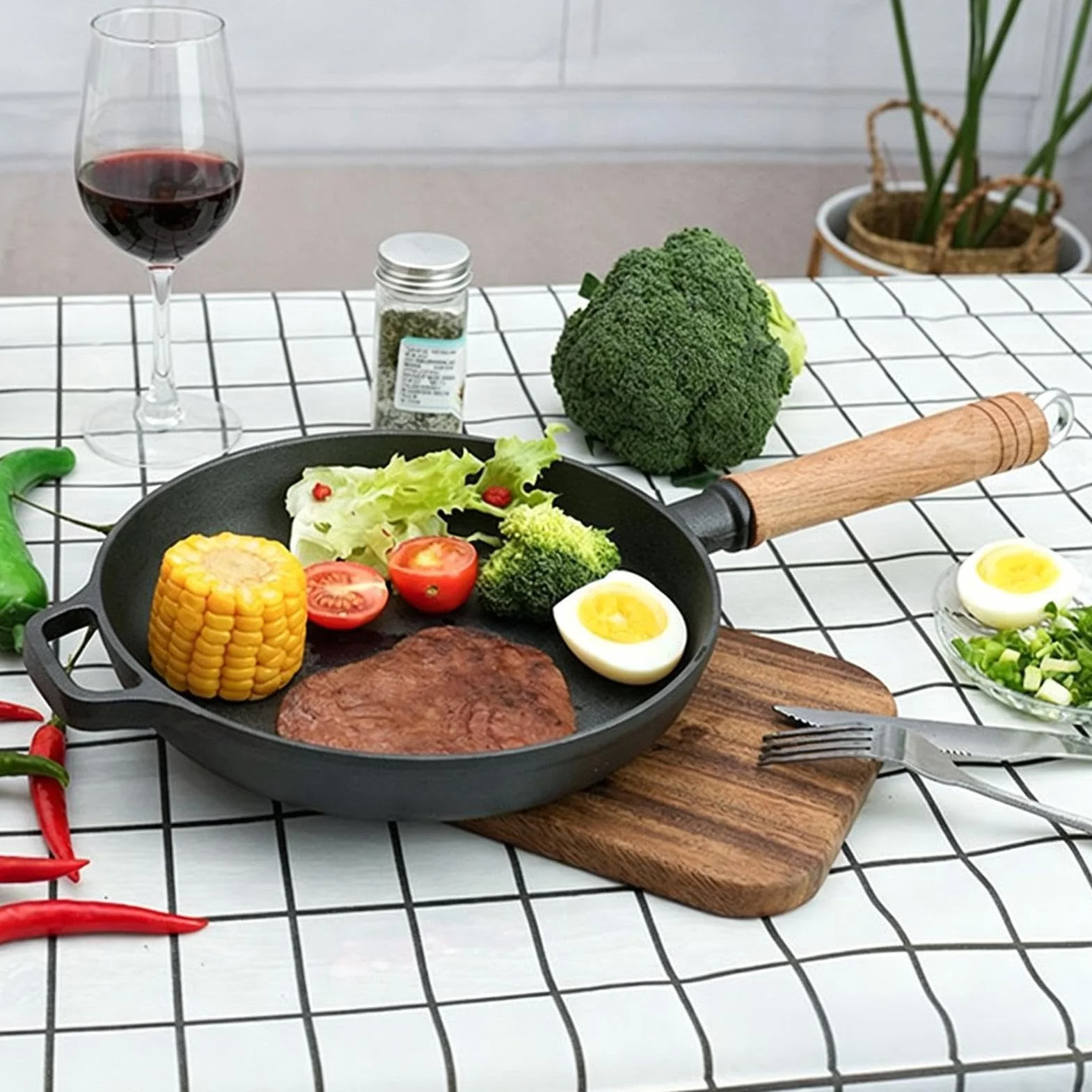 Sartenes De Hierro Fundido Sartén Antiadherente Con Mango Madera Ergonómico | Plancha Grill Cocina Para Cocinar, Hogar, Camping, Dorar, Hornear, Saltear, Tortilla, Pescado, Huevos