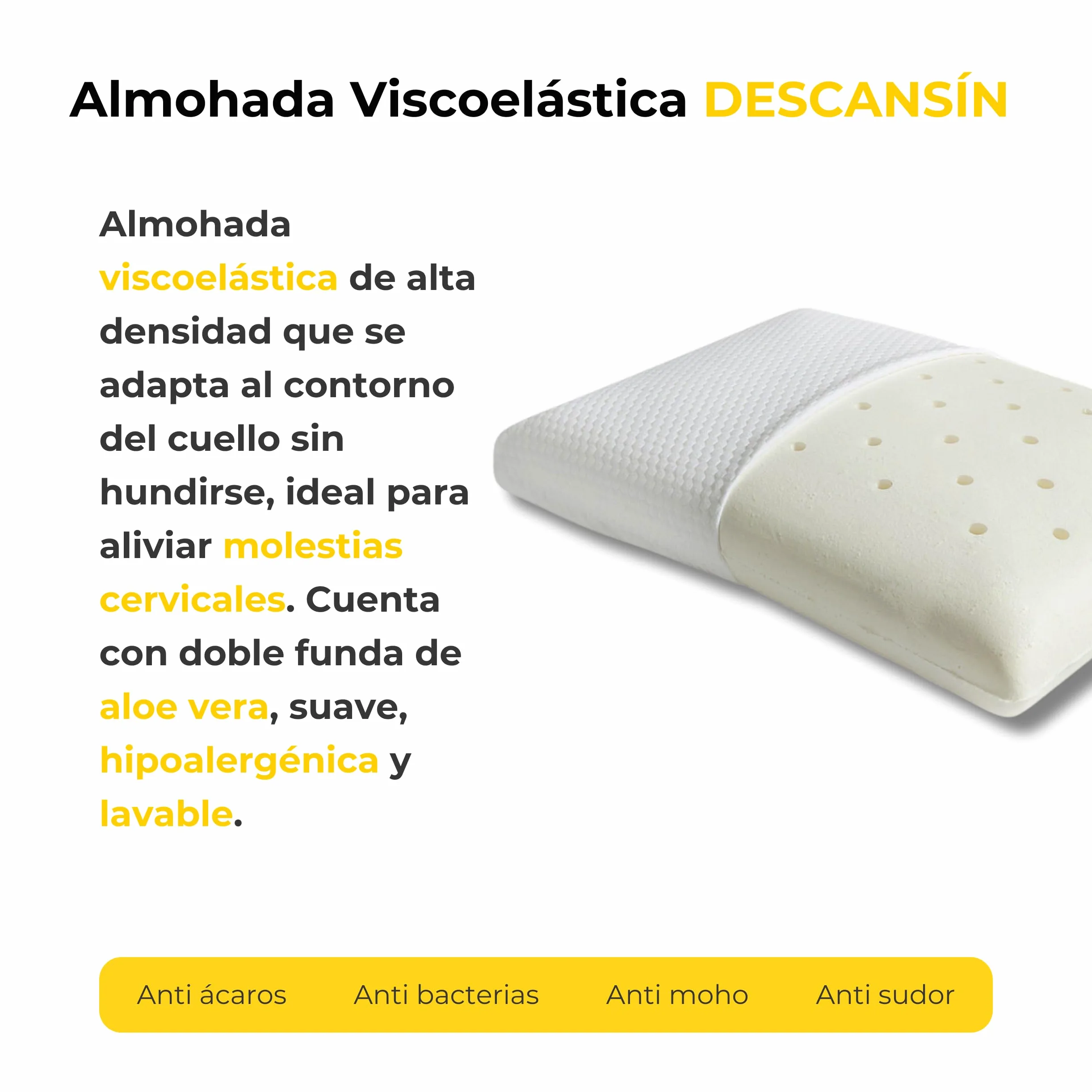 DESCANSIN - Almohada Viscoelastica Aloe Vera | Calidad y Firmeza para Problemas Cervicales | Almohada Viscoelastica Buena y Duradera | Doble Funda De Aloe Vera Fácilmente Extraíble y Lavable (120cm)