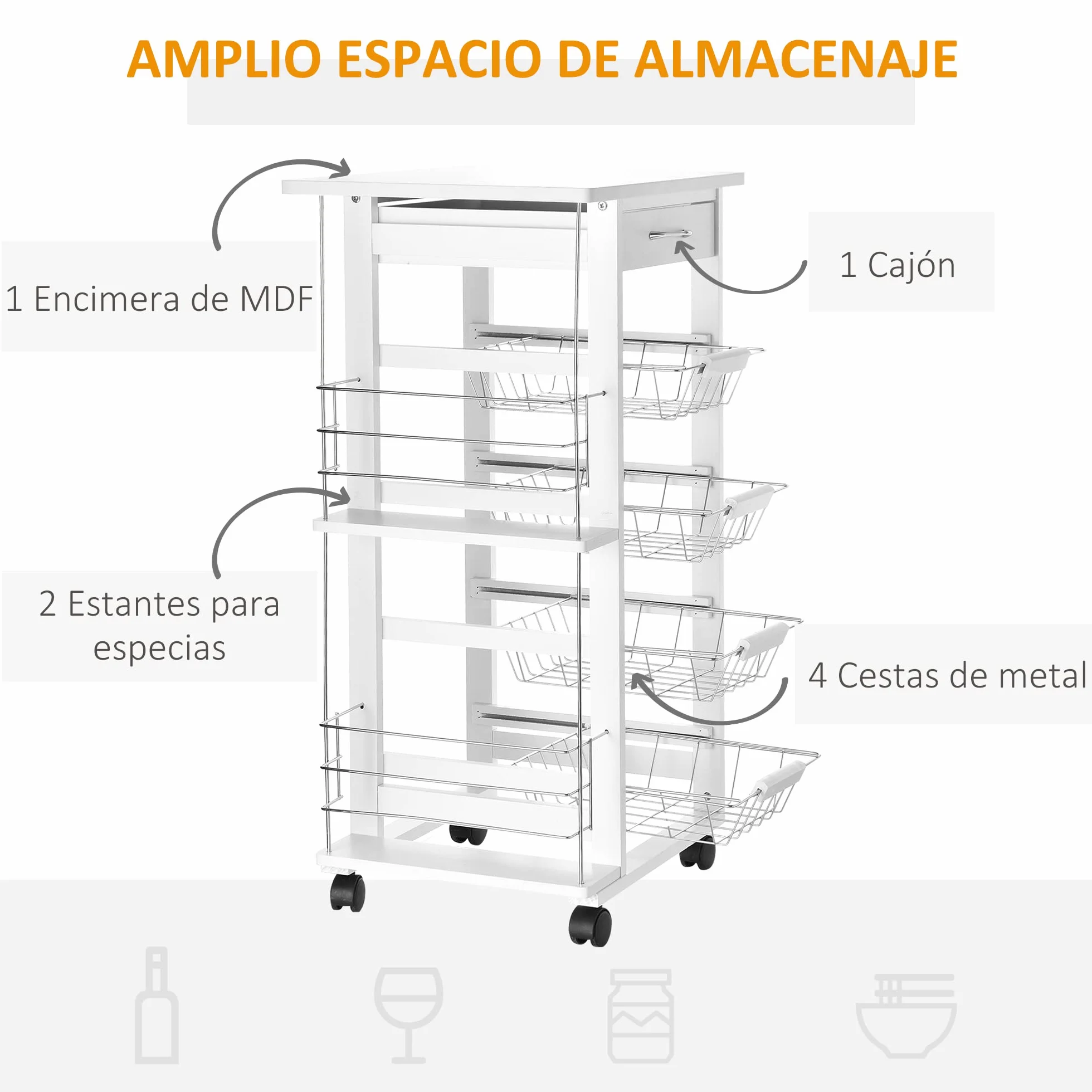 HOMCOM Carrito de Cocina con Ruedas Carro Multiusos con Cajón 4 Cestas Extraíbles de Metal y Bastidores Laterales 47x37x83 cm Blanco