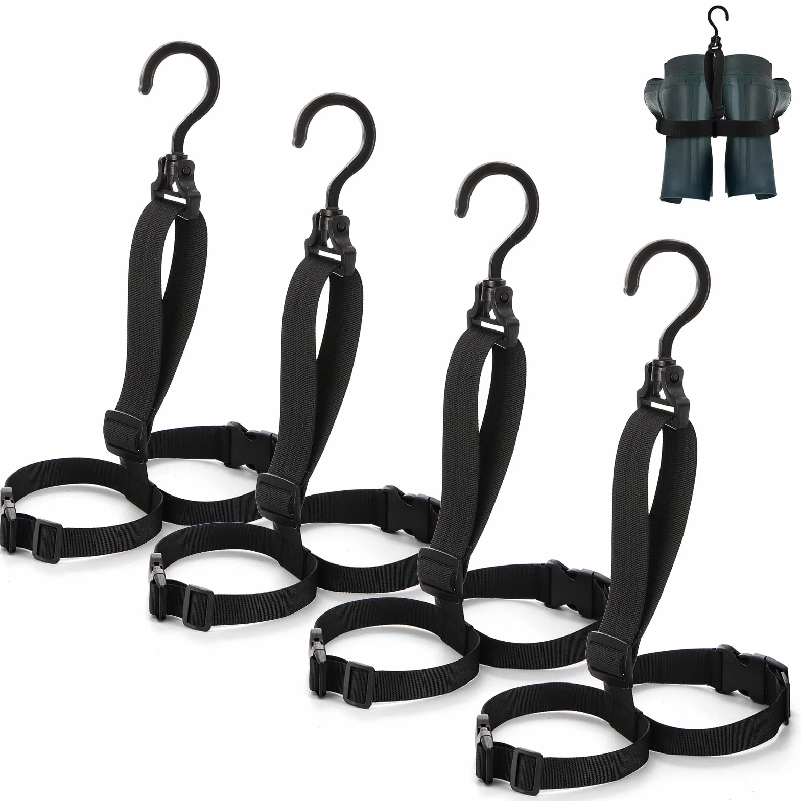 ZENFUN Juego de 4 perchas para botas de pesca, secador de botas de vadeo con correa ajustable, almacenamiento y cinturón de secado, color negro
