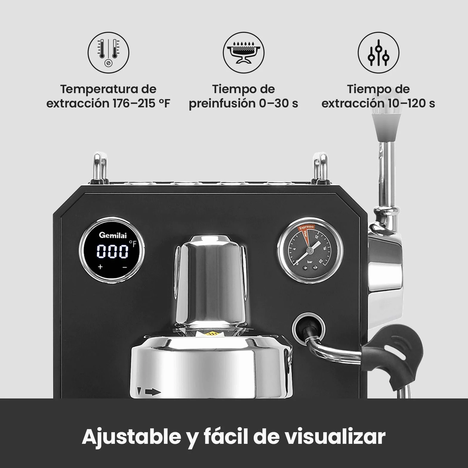 Gemillai Owl G3006, cafetera espresso doméstica, cabezal de grupo comercial de 58 mm y control de temperatura PID, cafetera de acero inoxidable para latte art de calidad barista, expositor, negro