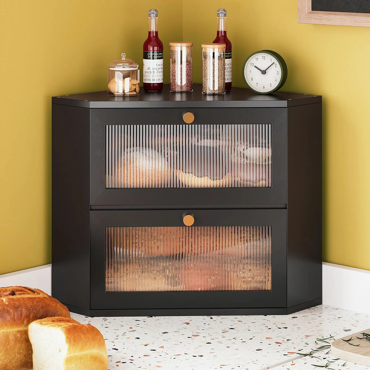 VEDECASA Panera de bambú para cocina, 2 niveles, con puerta acrílica transparente, apta para alimentos, con gran espacio de almacenamiento, color negro, 31 x 31 x 35 cm (negro)