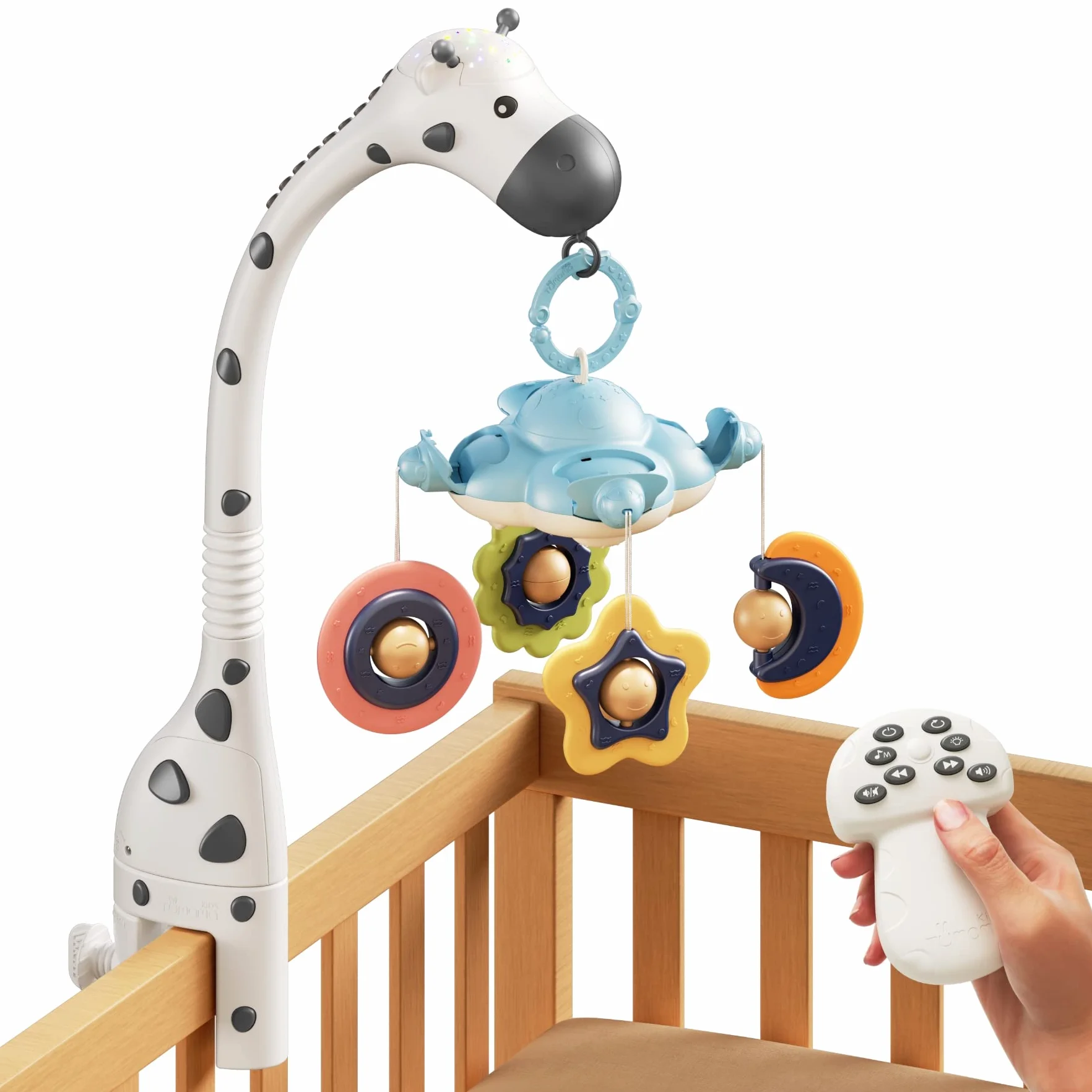 TUMAMA Movil Cuna Bebe, Juguete de Cuna 3 en 1 con Control Remoto, luz Nocturna de proyección, música y Ruido Blanco, Juguetes sensoriales de guardería Nacido recién