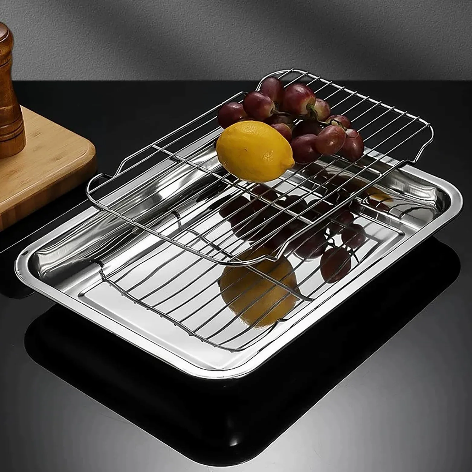 Bandeja Horno Acero Inoxidable con Rejilla de Enfriamiento, Bandejas para Servir Comida de Metal de Acero Inoxidable para Escurrir Agua y Aceite y a la Parrilla(50x35x5cm/20x14x2in)