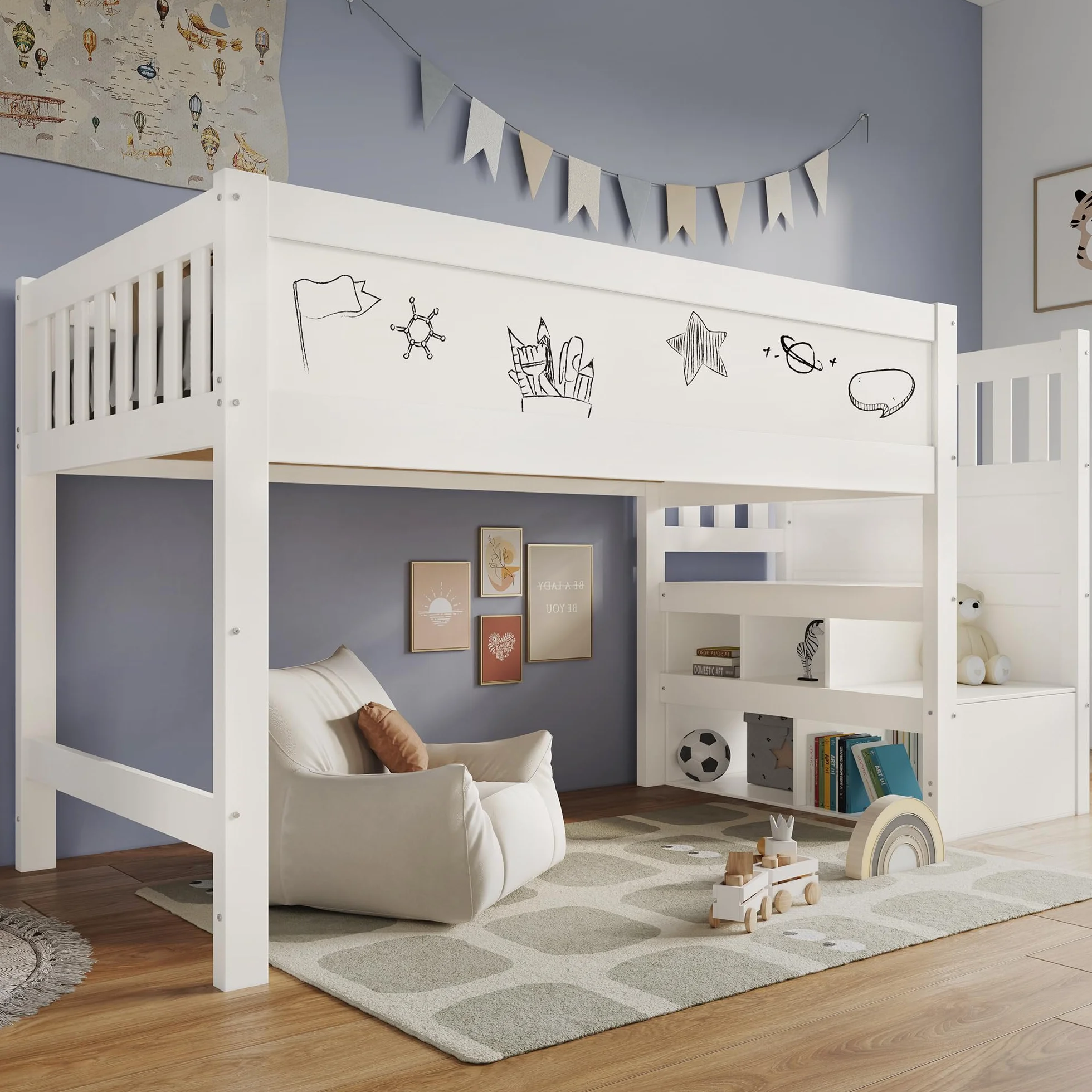 LAKFEW Cama Infantil Cama Alta 90x200 cm con Escalera de Almacenamiento y Pizarra, Camas Infantiles con Protección Anticaída, Cama para Niños, Camas Altas de Madera, Blanco, Sin Colchon