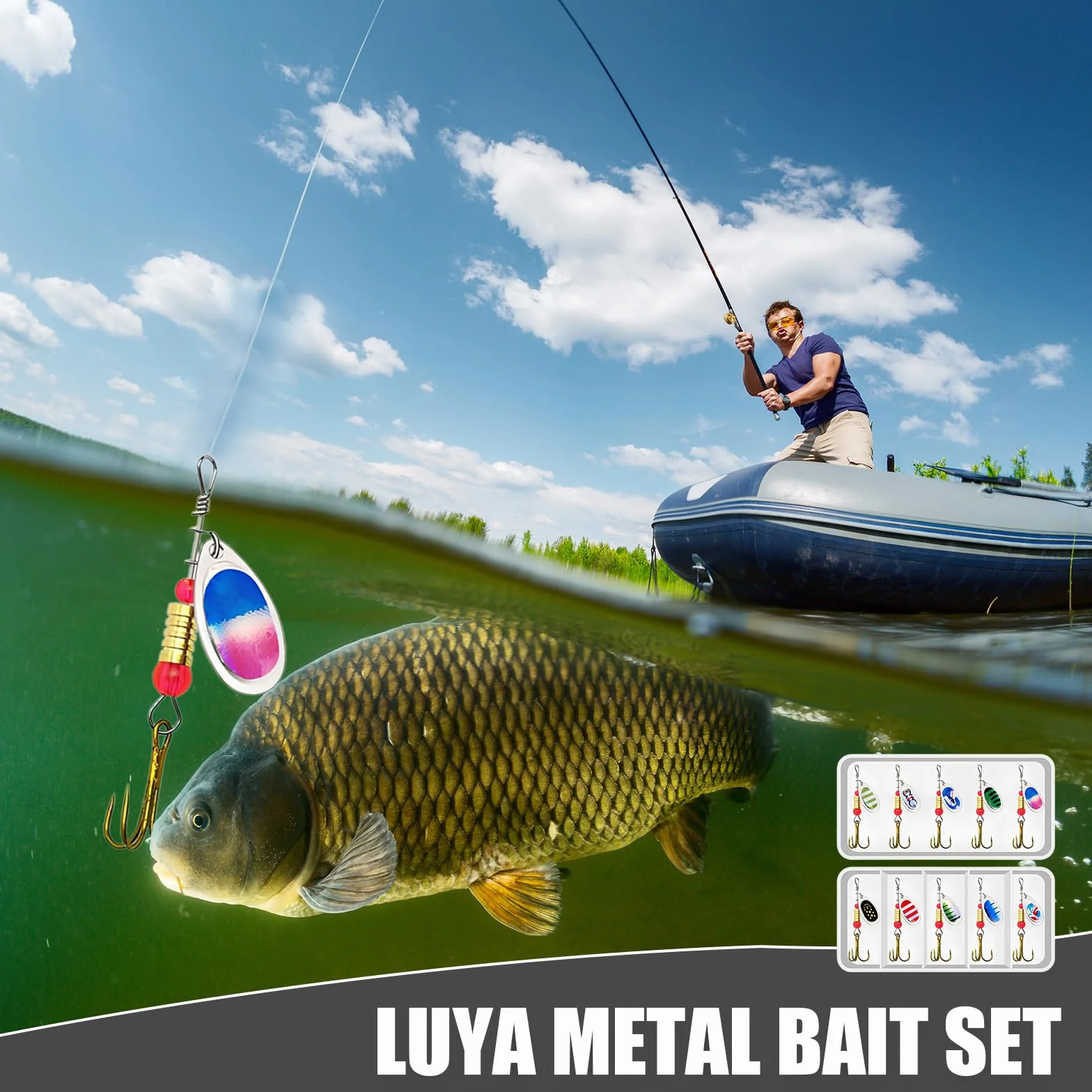 Señuelos de Pesca Giratorios Metal con Lentejuelas Luminosos para Lucio Black Bass Lubina Caja Transparente Incluido