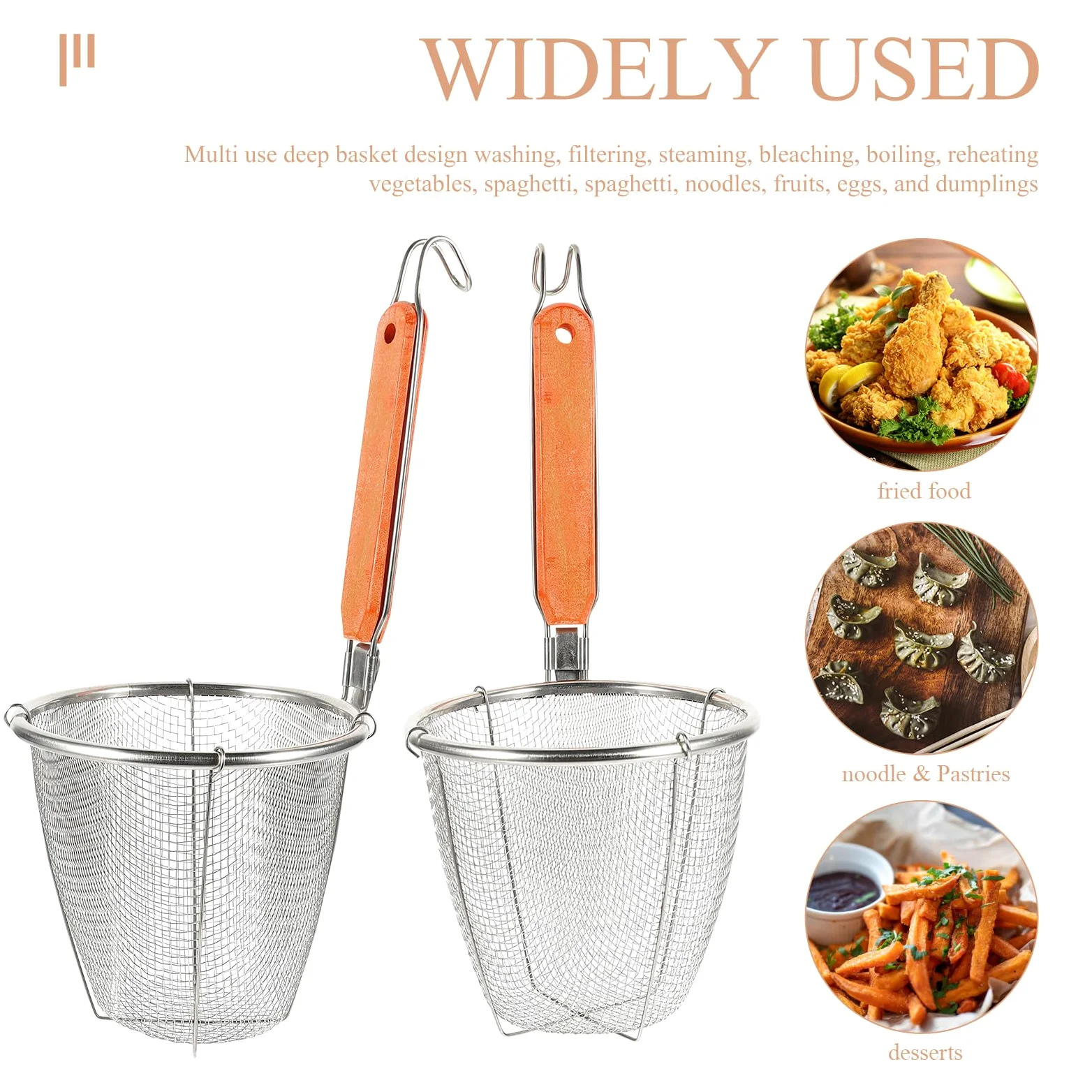 POPETPOP Colador de Acero Inoxidable con Mango de Madera para Cocina, 4 Piezas, Escurridor Ligero Drenaje Rápido Adecuado para Colar Fideos y Pasta Cocina