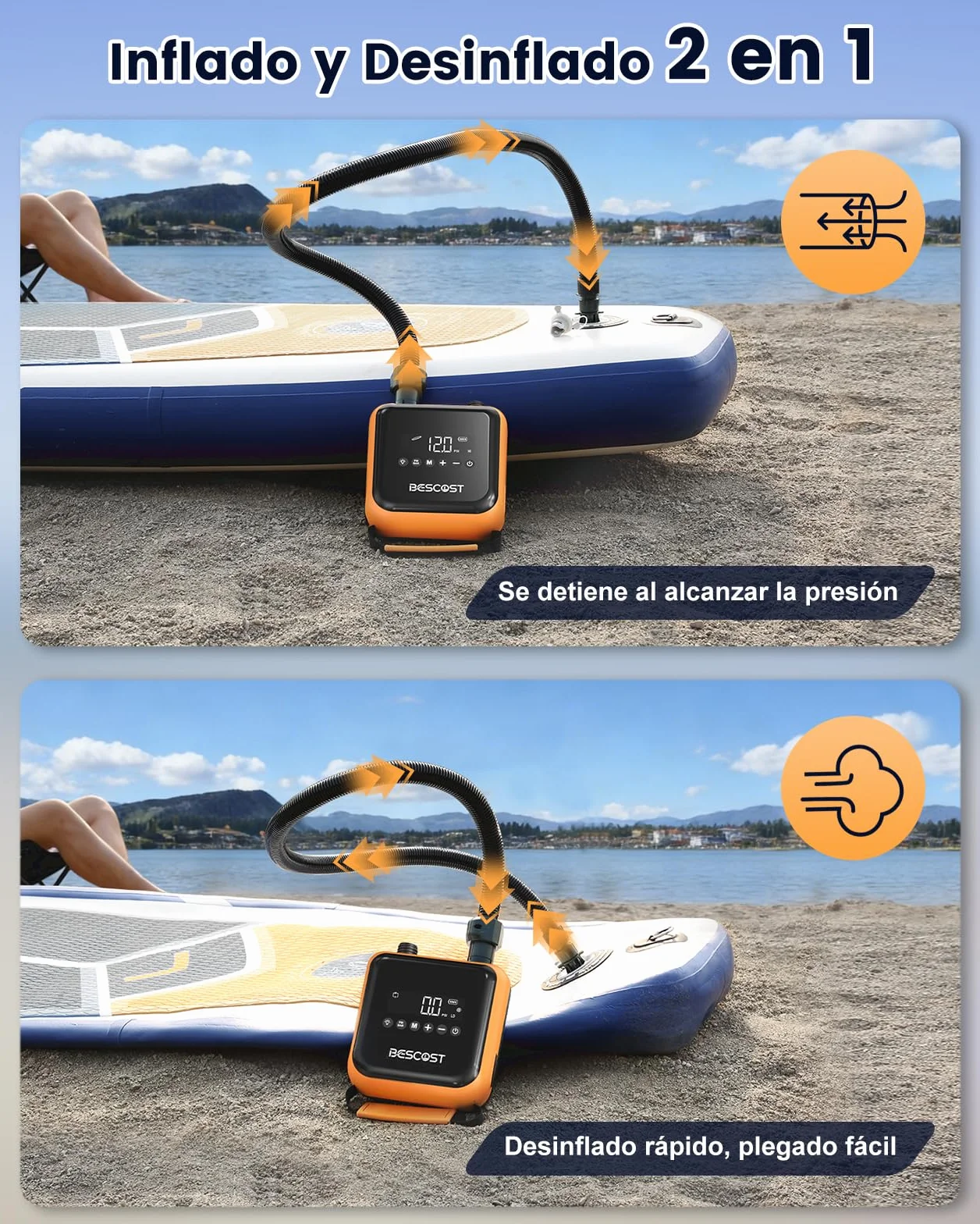 Bomba Eléctrica Inflador Paddle Surf Recargable 20PSI Inflado Desinflado Inteligente