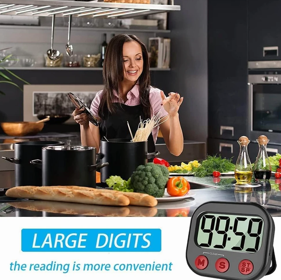 Temporizador de cocina, temporizador visual digital, reloj magnético, cronómetro, temporizador de cuenta regresiva, pantalla LCD grande, dígitos grandes, alarma fuerte para cocinar, ducha, baño