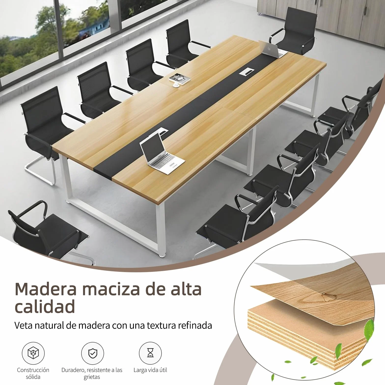 Mesa de Reuniones Grande, Mesa de Conferencias Moderna con Conducto para Cables y Estructura de Metal Negro, Rectangular, para 8-12 Personas, Ideal para Oficina y Sala de Seminarios