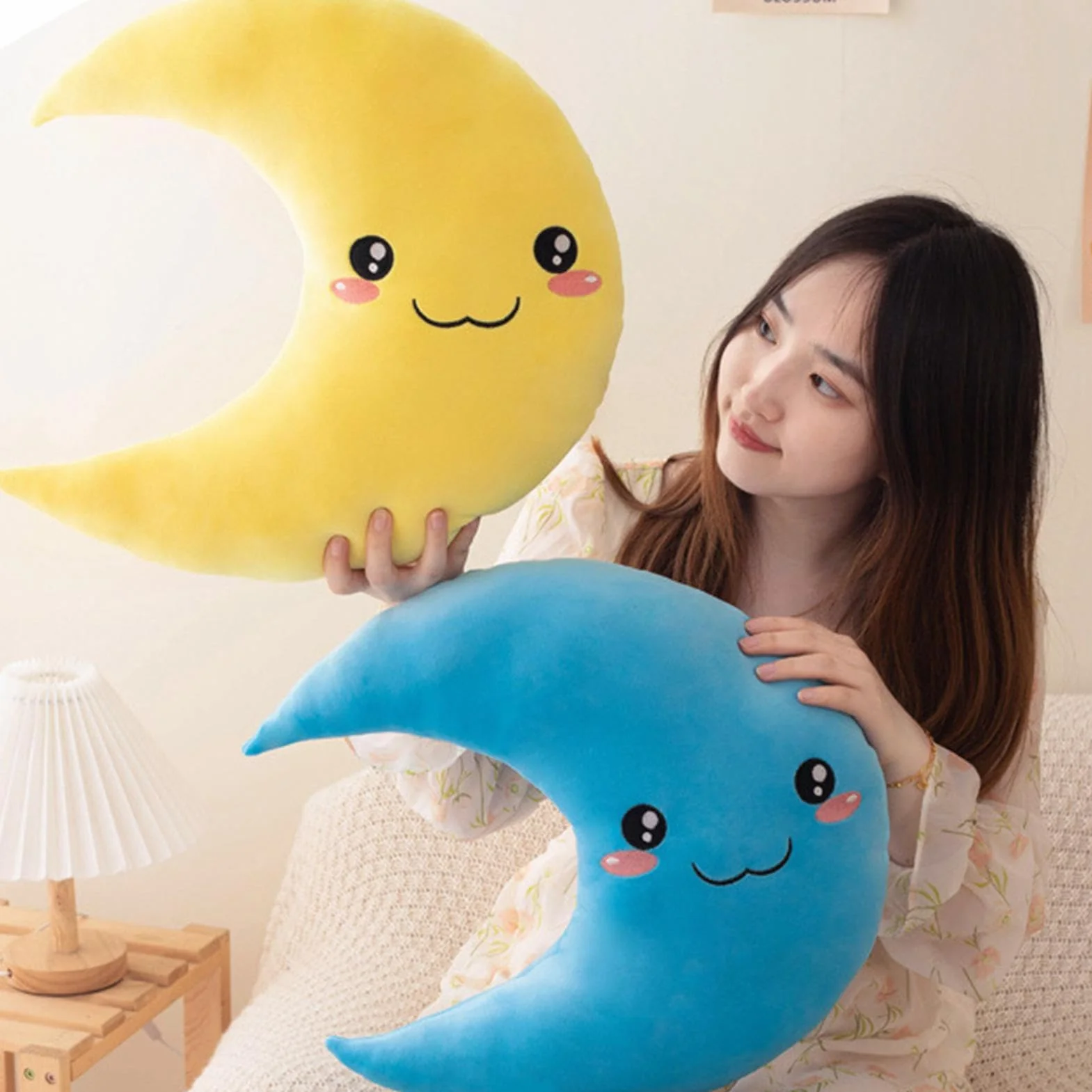 Cojín decorativo para habitación infantil de luna, 25 cm, almohada de peluche para bebé, cara sonriente bordada