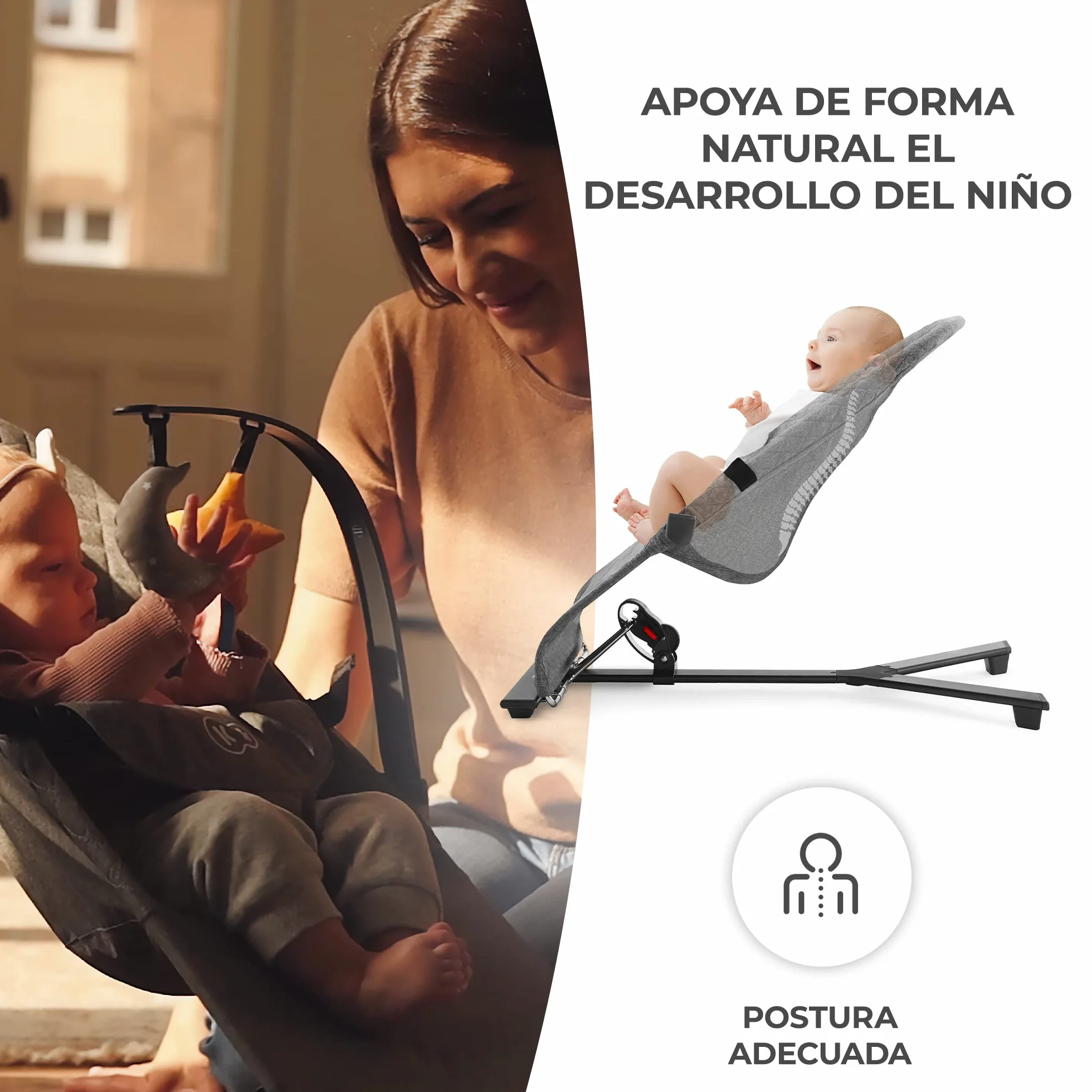 Kinderkraft MIMI Hamaca bebé Balancin 0-9 kg Plegado Compacto Reclinable una mano Movimiento natural Arco juguetes Beige