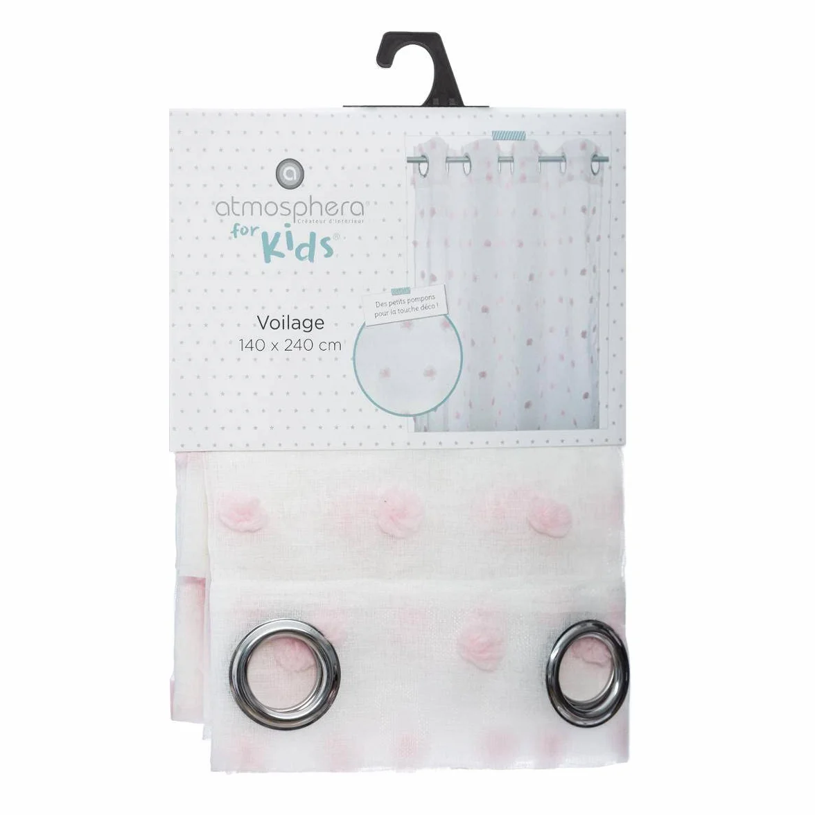 Atmosphera Cortina Infantil Pompons Blanca y Rosa 140 x 240 cm