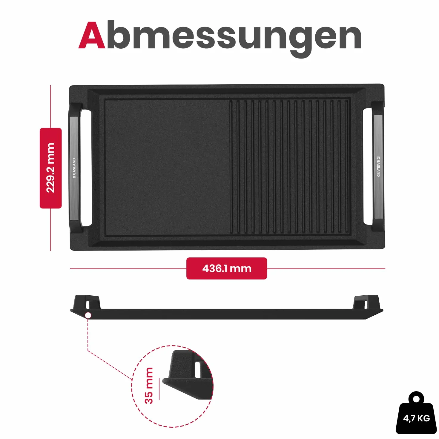 GASLAND IHGD-S23C Plancha para asar con asas laterales, Sartén para placas de inducción, Hierro fundido con revestimiento de teflón: Antiadherente y antioxidante, Accesorios, Bandeja para asar