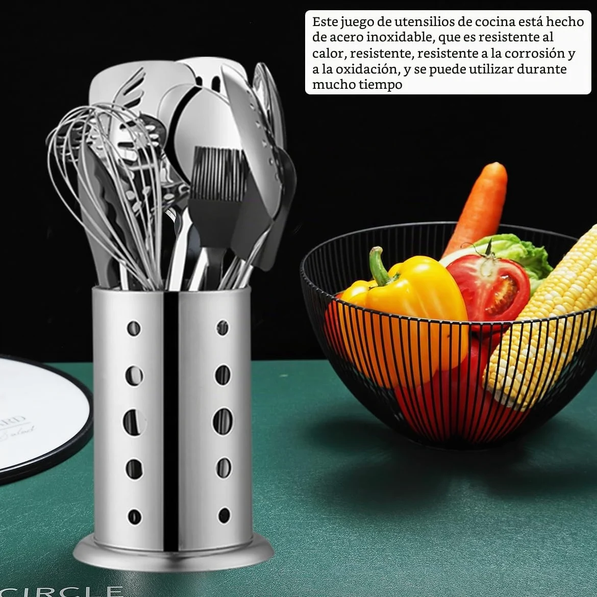 Juego de utensilios de cocina de acero inoxidable 40 piezas con soporte para utensilios, utensilios de cocina elementos esenciales, juego de espátula de metal