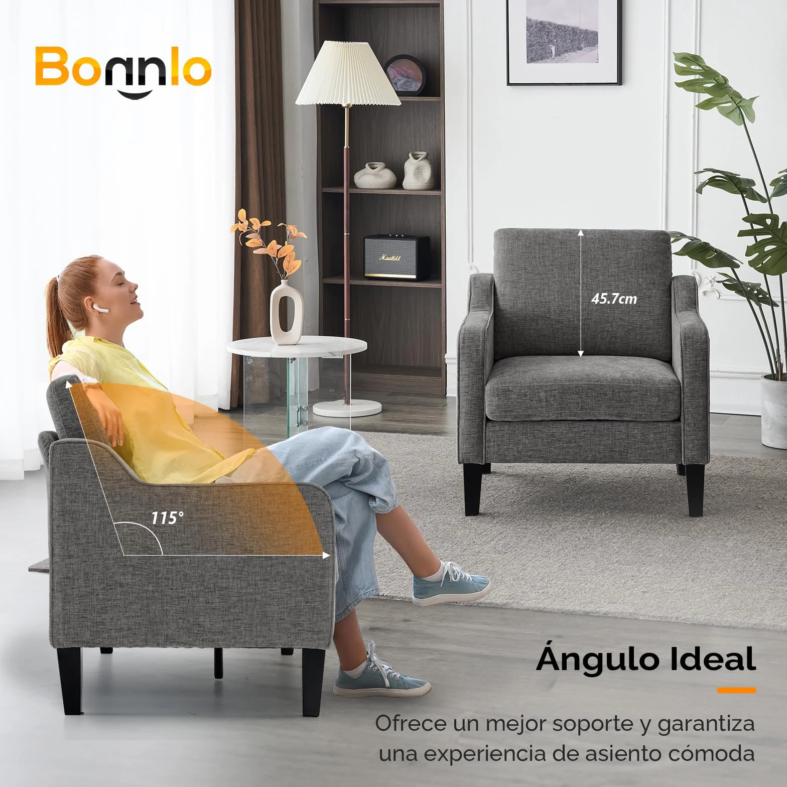 Bonnlo Juego de 2 Sillón de Salón, Butaca Moderna para Sala de Estar, Sofá Individual con Cojín Grueso y Patas de Madera, Sillón Individual Cómodo, para Salón, Oficina y Dormitorio, Gris