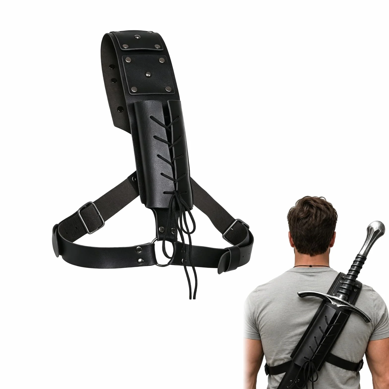 Funda Medieval para Espada, Cinturón Ajustable de PU Sólido Negro para Katana