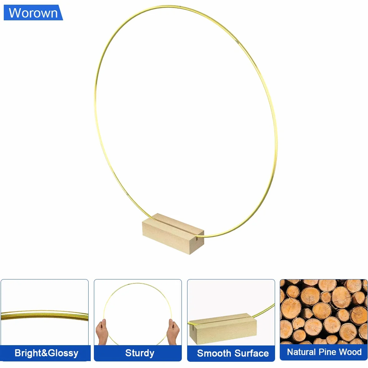 Worown 6 Piezas Aros de Metal 20cm, Anillo Metalicos Oro con 6 Soportes de Madera Natural, Aros para Centro de Mesa pare Bodas, Fiestas, Banquetes, Eventos