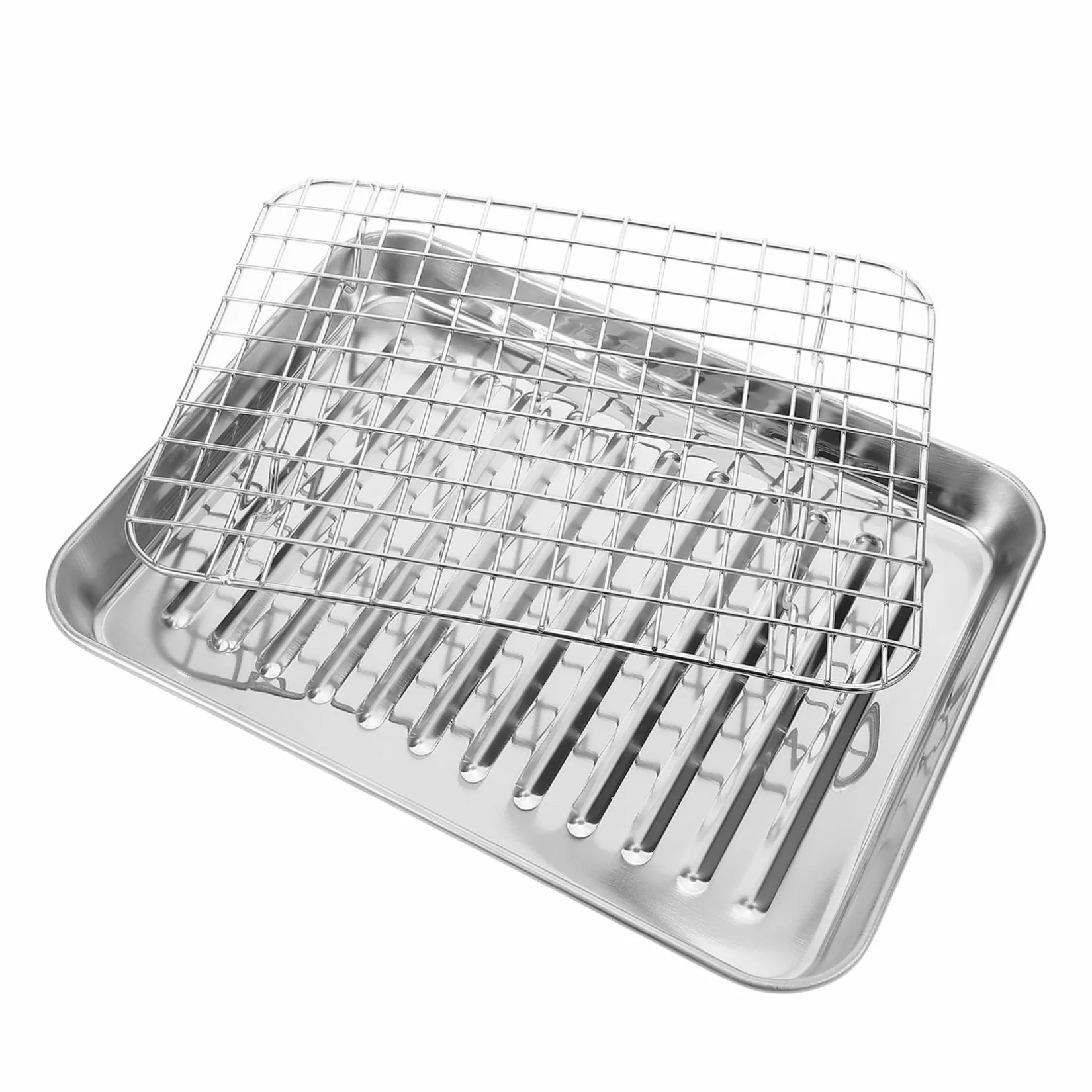Juego de Bandeja de Horno de Acero Inoxidable con Rejilla, 43 Cm | Drenaje de Aceite, Servir Fritos, Uso en Casa y Familia, Estilo Simple, 1 Juego