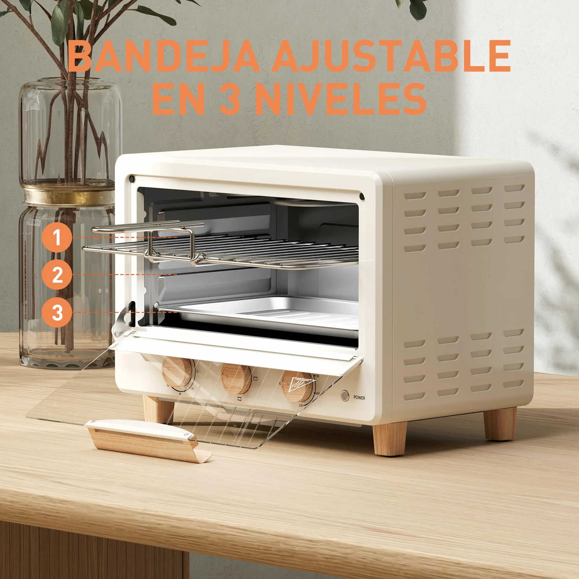 HOMCOM Horno Eléctrico de Sobremesa 16L 1400W con Puerta de Vidrio Temporizador y Temperatura Ajustables hasta 230℃ Crema