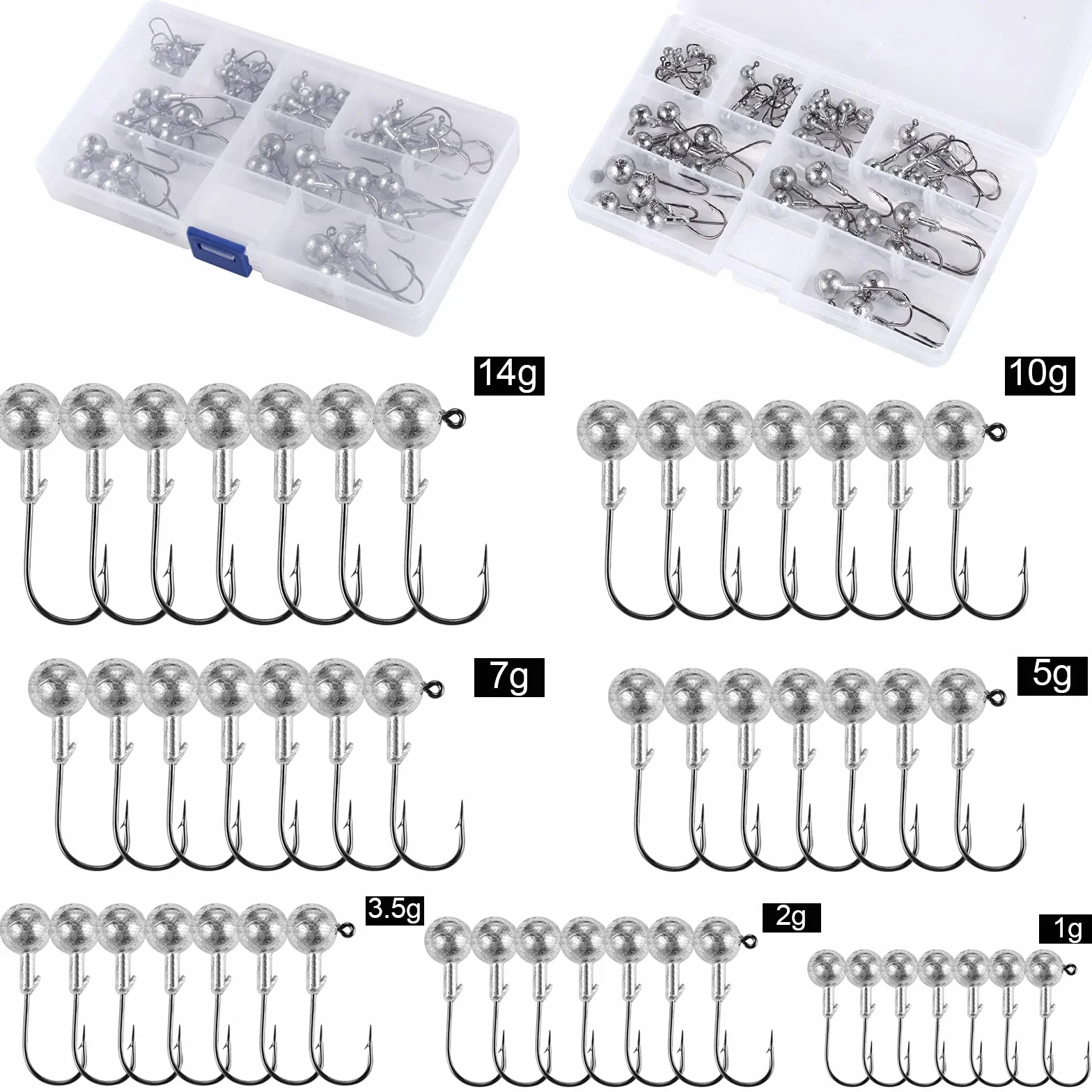 Anzuelos de Pesca Mar Cabeza Plomada 49pcs Jig Heads con Caja de Aparejos Plástico
