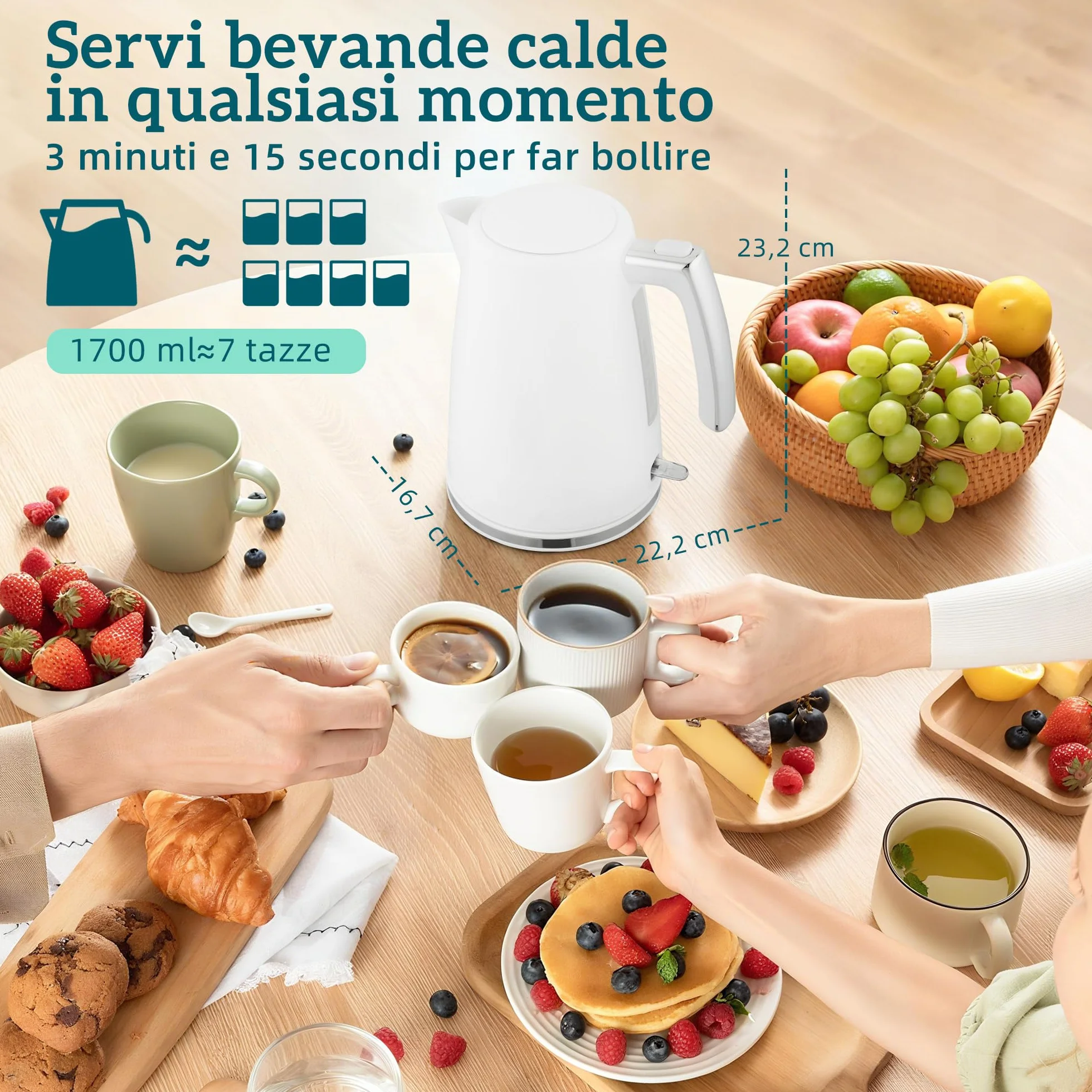 HOMCOM Juego de desayuno tostador de 2 rebanadas y ranura ancha con 7 niveles de tostado y bandeja recogemigas, Hervidor eléctrico de 1,7L 2200W con termostato Otter y filtro antical, Blanco