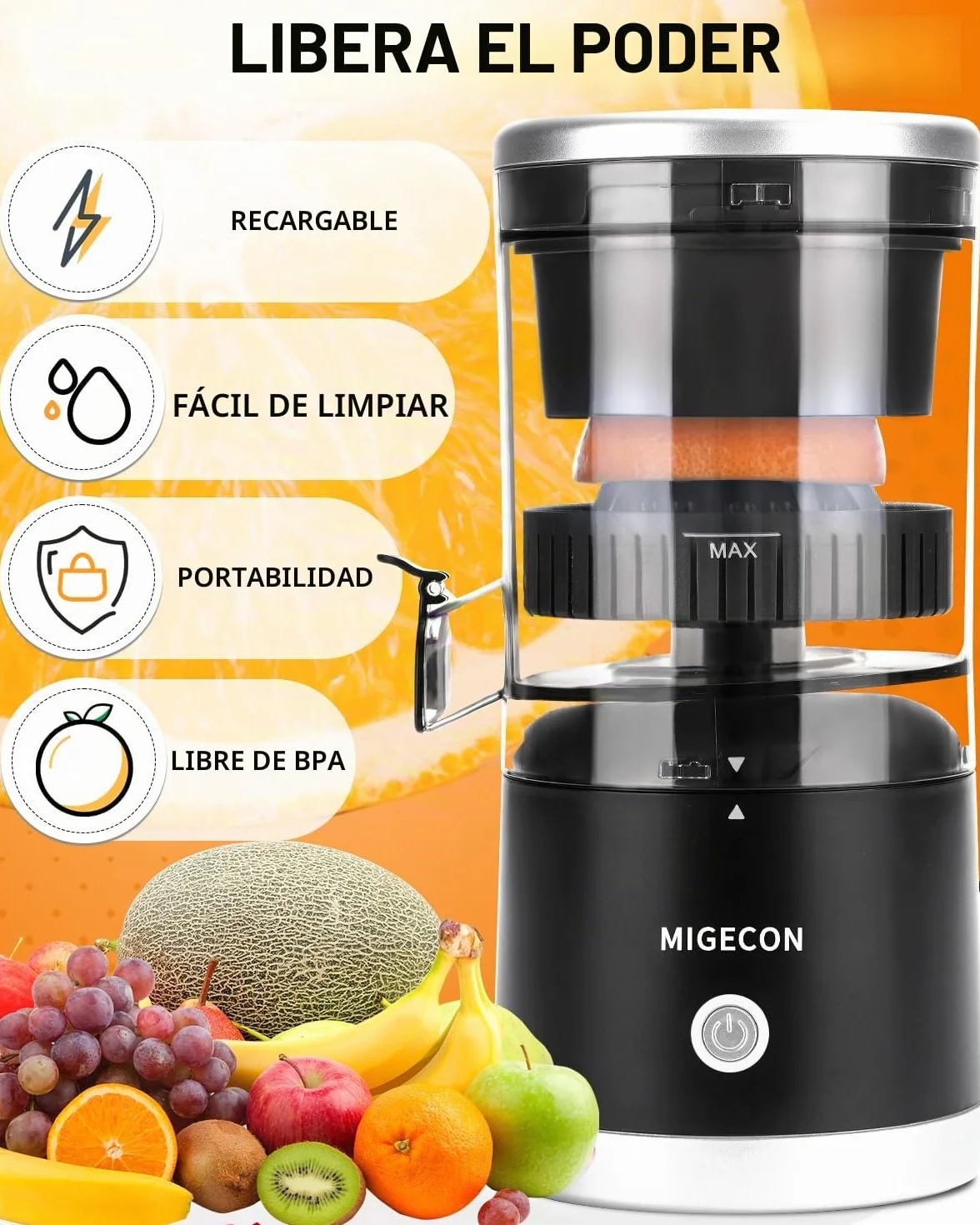 MIGECON Exprimidor Eléctrico de Naranjas, Batería portátil, Diseño a Drueba de Goteras, Adecuado para Frutas Cítricas, con USB y Cepillo de Limpieza, Desmontable, 45W, Negro