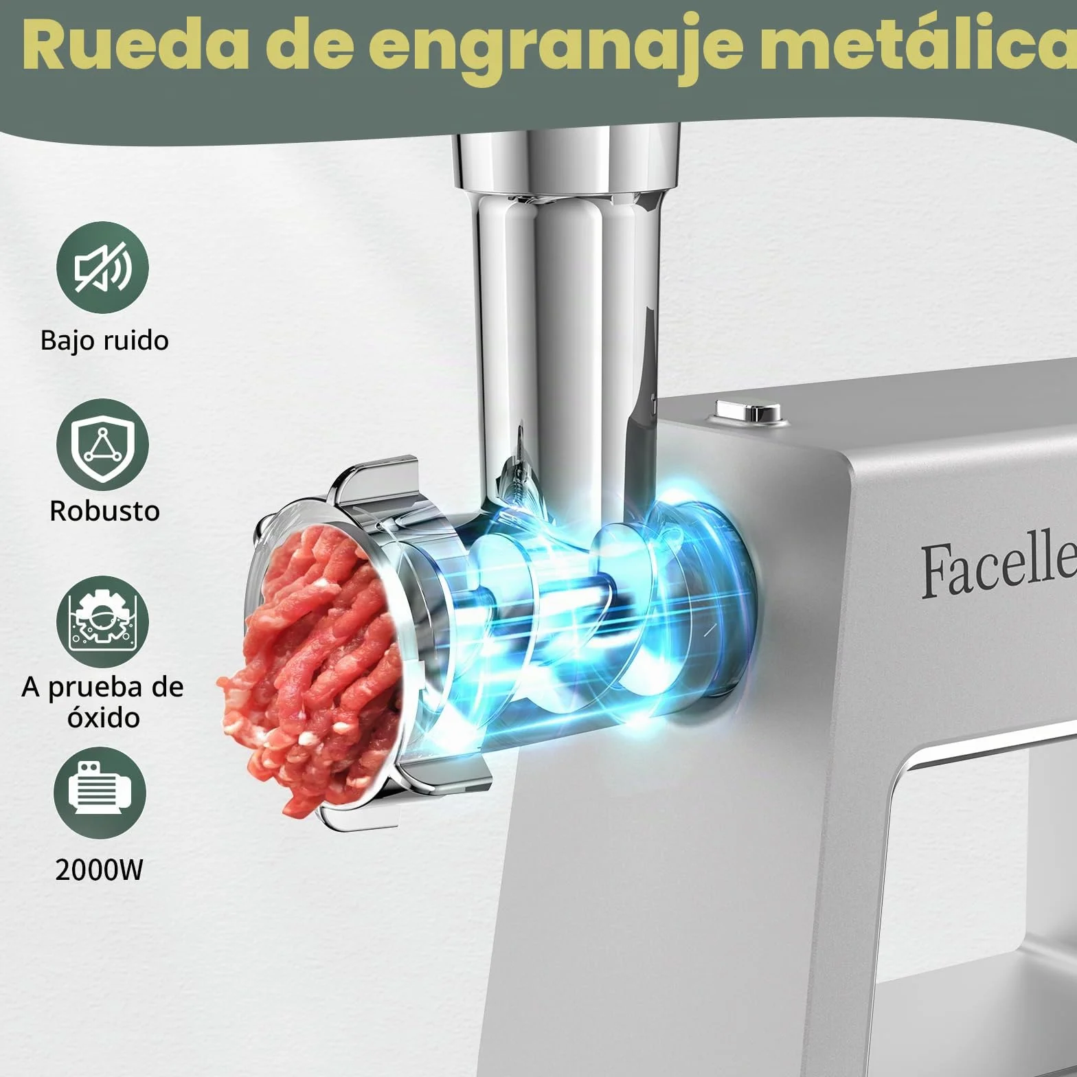 Facelle Picadora Electrica de Carne, 2000W Picadora Carne, cuchillas de acero inoxidable y 3 placas de corte, Accesorios para KEBBE y SALCHICHAS, picadora de alimentos para hamburguesas, kibbeh