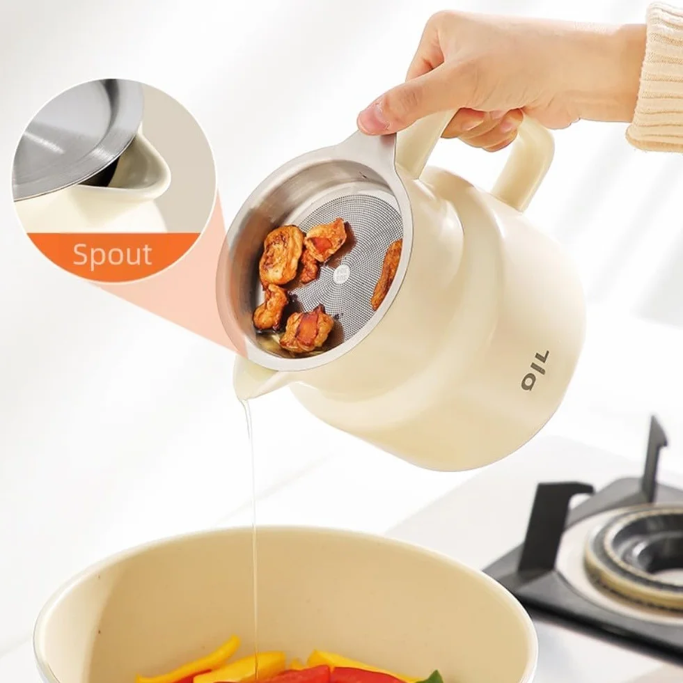 Recipiente para filtro de grasa de acero inoxidable con colador y tapa, recipiente de recogida de aceite de 1,5 L, resistente al calor, con mango de baquelita y posavasos antideslizante para cocina