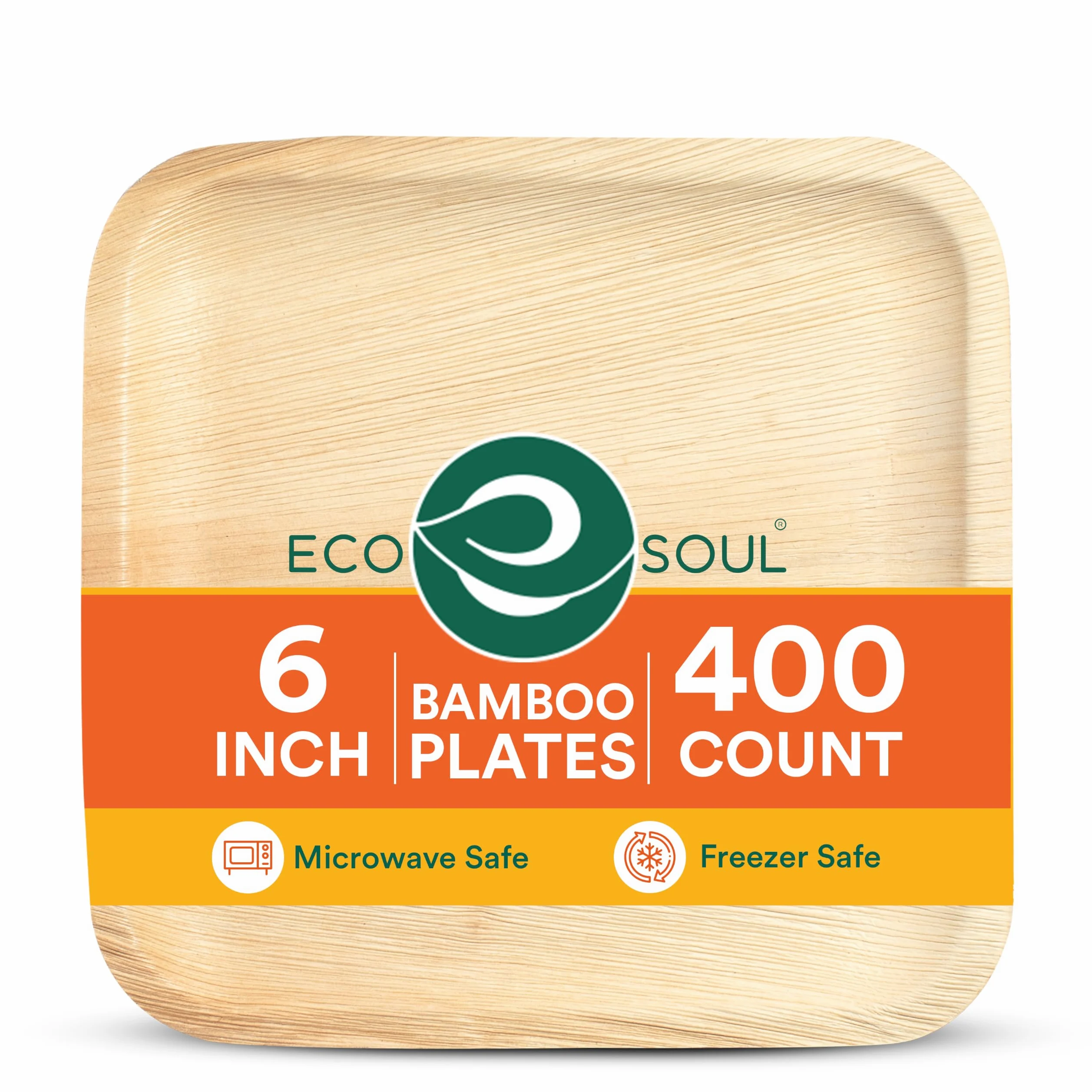 ECO SOUL Platos cuadrados compostables de hoja de palma de 6 pulgadas (400 unidades) como platos de bambú, biodegradables, ecológicos, aptos para microondas y horno