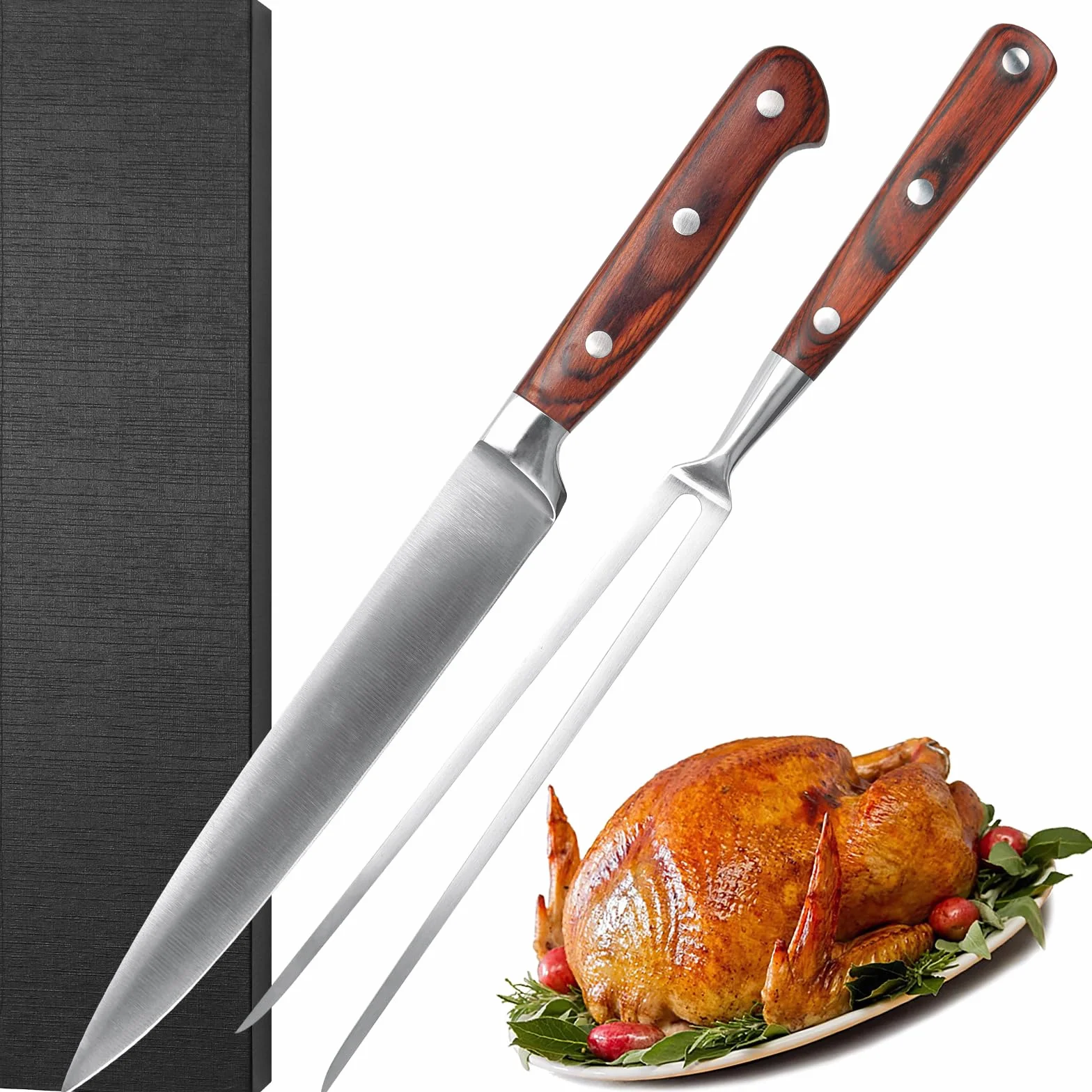 Set 2 Utensilios Barbacoa, Utensilios para Barbacoa de Acero Inoxidable, Cuchillo de trinchar y tenedor de 2 piezas, Mango de Madera 100% natural, Cuchillo para Carne y Tenedor para Carne