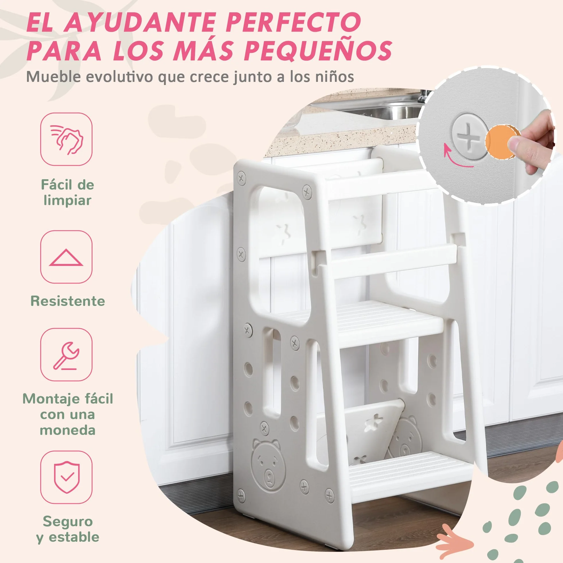 HOMCOM Torre de Aprendizaje para Niños Taburete Infantil Altura Ajustable 3 Posiciones Plataforma Antideslizante 47x47x90 cm Blanco