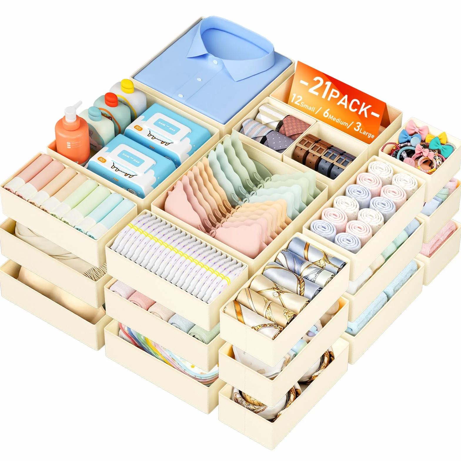 Organizador de Cajones DIMJ - 21 Cajas Plegables de Tela No Tejida para Almacenaje, Beige