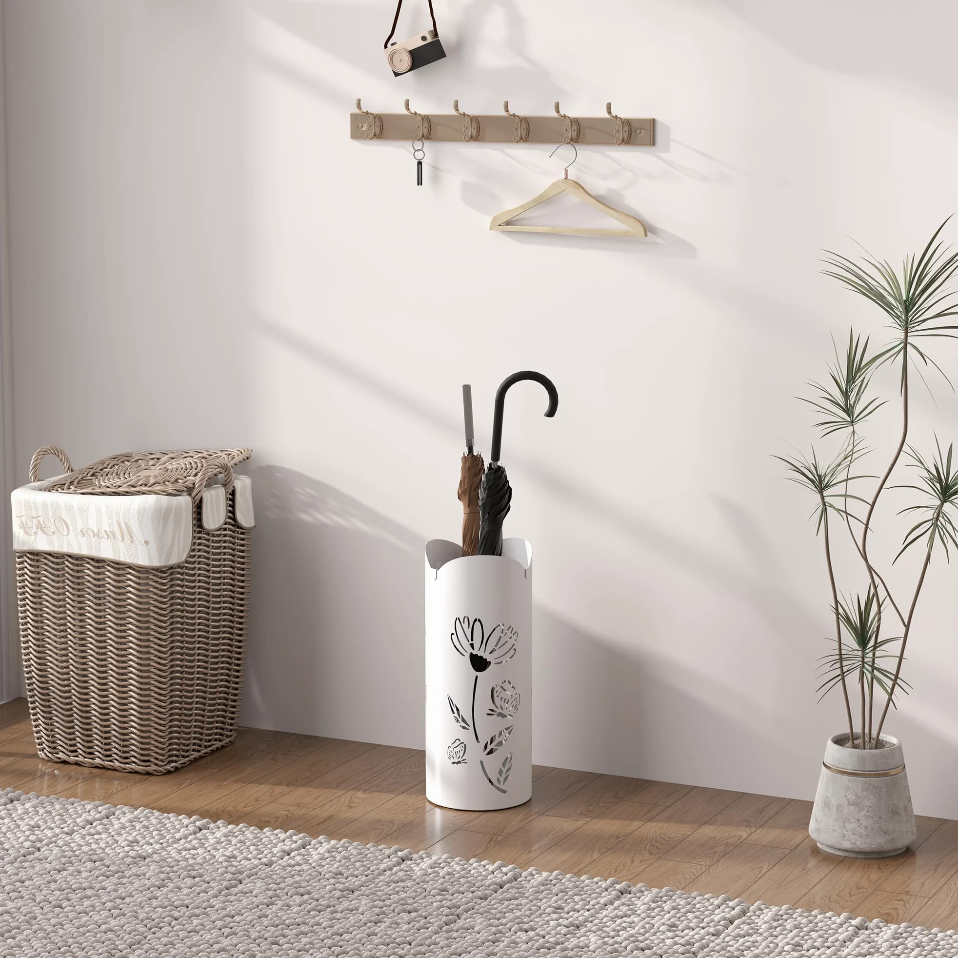 HOMCOM Paragüero de Acero Soporte de Paraguas con 4 Ganchos y Bandeja de Goteo Extraíble Paragüero Blanco para Entrada Oficina 17x17x41 cm